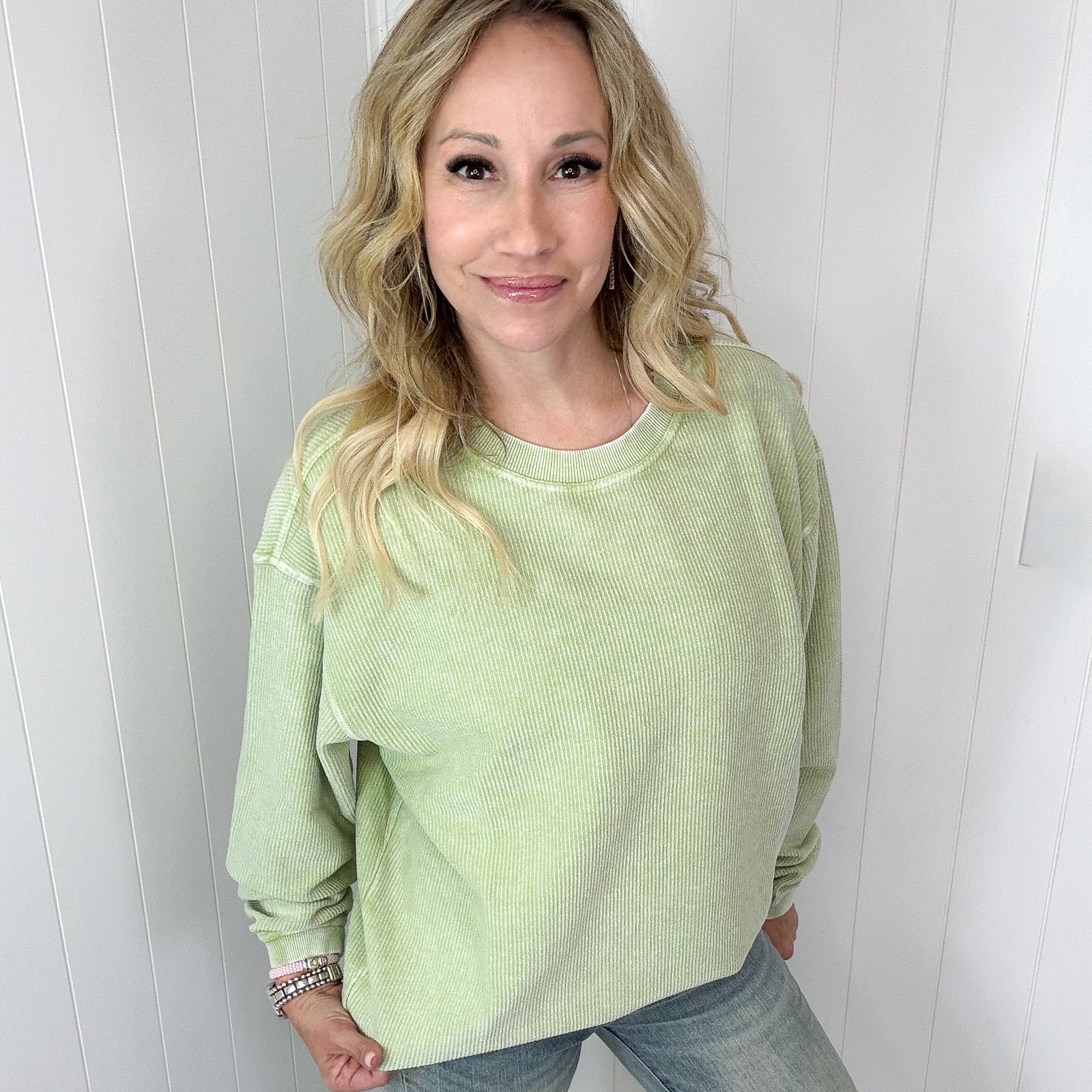 Faded Fern Oversized Luxe Soft Corded Crewneck Long Sleeve Pullover - Boujee Boutique