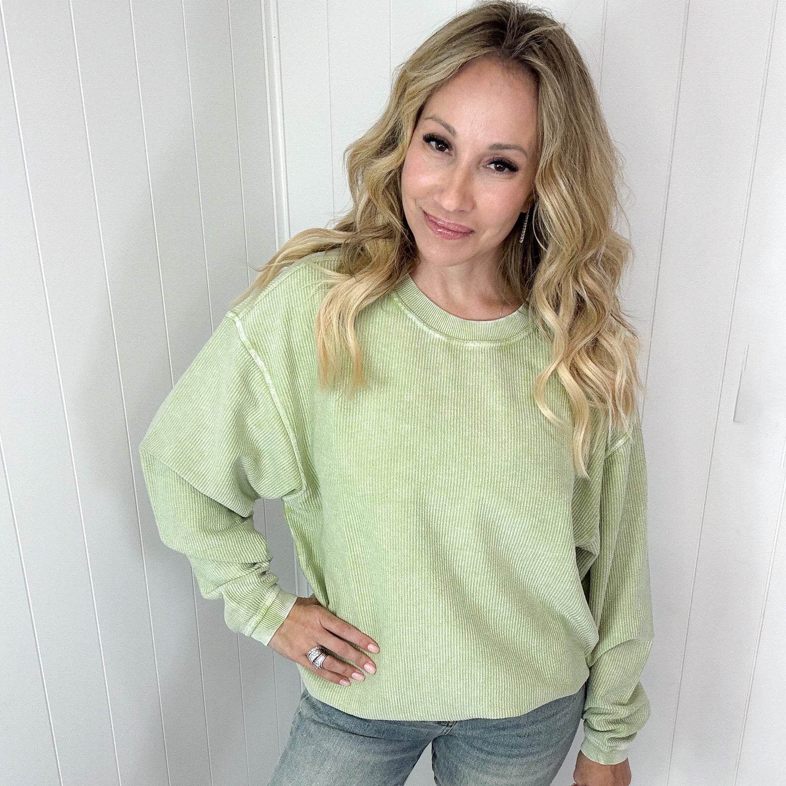 Faded Fern Oversized Luxe Soft Corded Crewneck Long Sleeve Pullover - Boujee Boutique