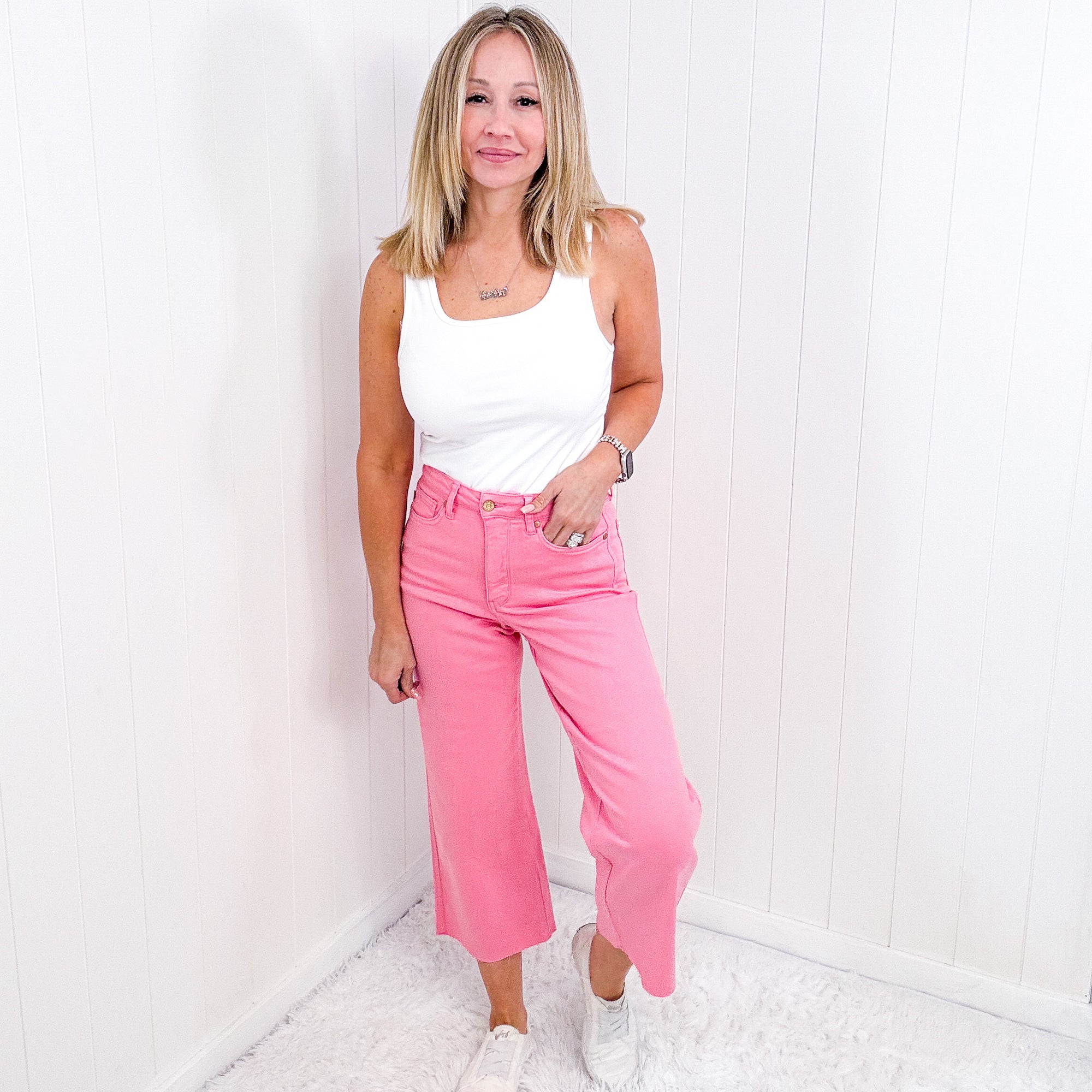 Judy Blue Pink High Waist Tummy Control Wide Leg Crop Jeans - Boujee Boutique 