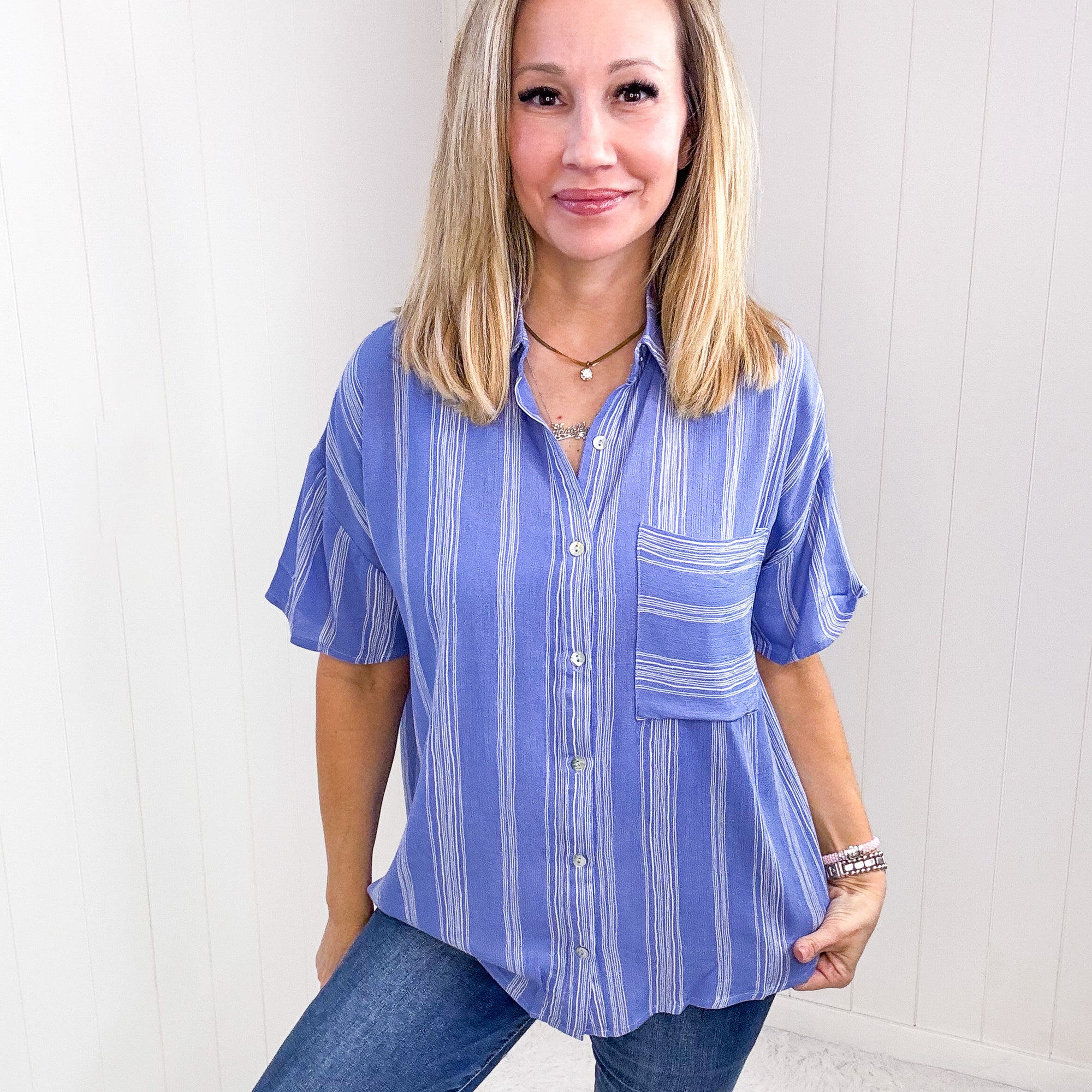 Ocean Blue Striped Light Airy Button Down Blouse - Boujee Boutique 
