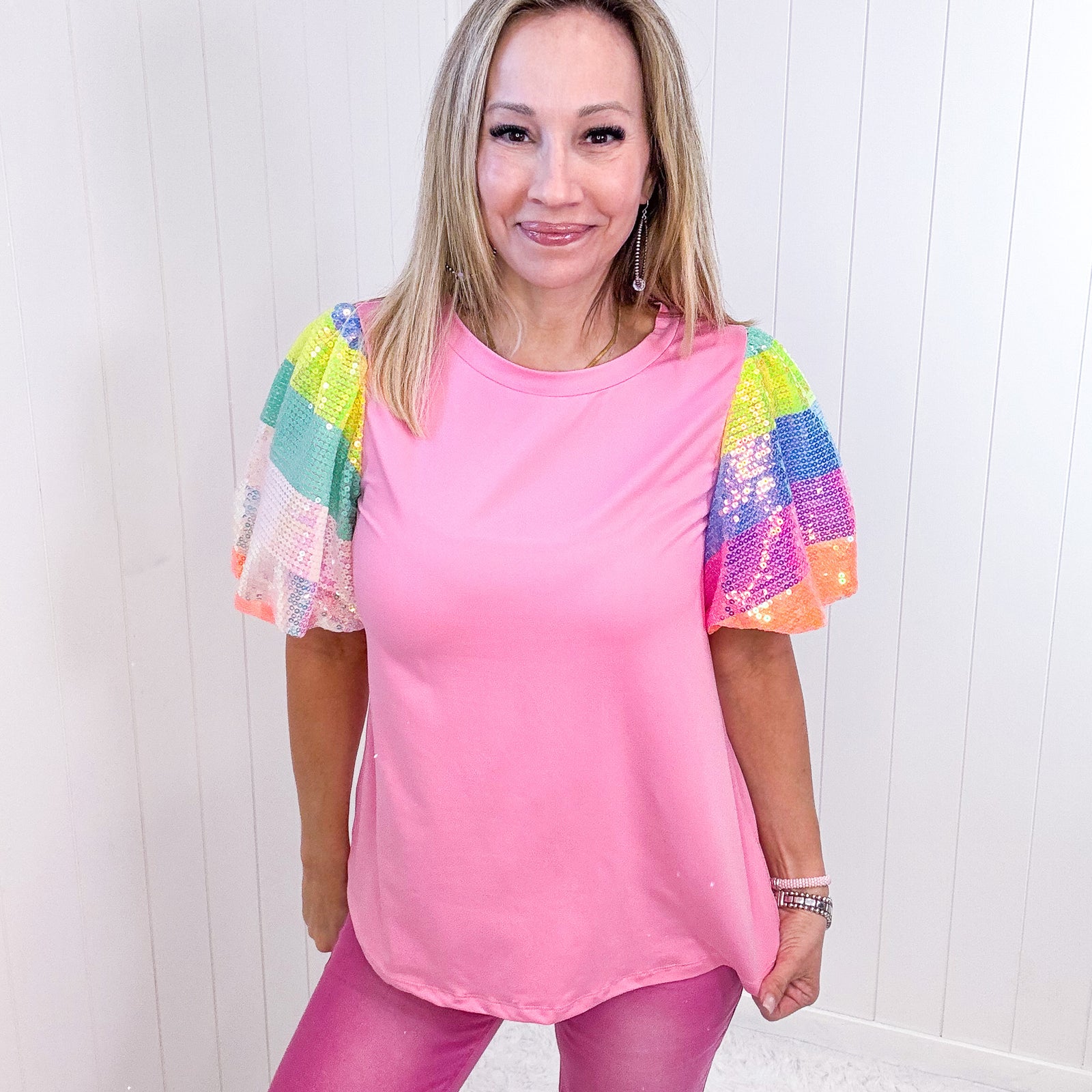 Pink Rainbow Sequin Puff Short Sleeve Top - Boujee Boutique 