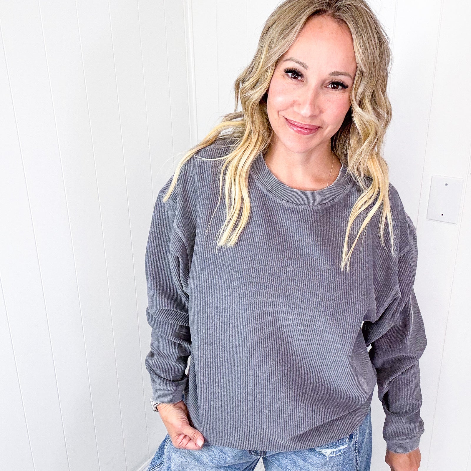 Pewter Charcoal Oversized Luxe Soft Corded Crewneck Long Sleeve Pullover - Boujee Boutique