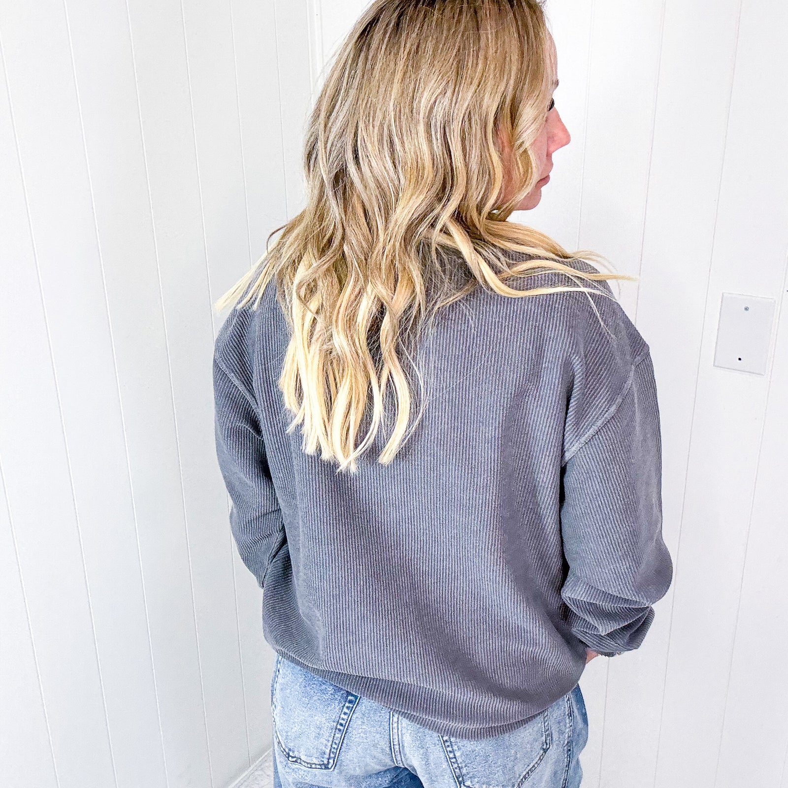 Pewter Charcoal Oversized Luxe Soft Corded Crewneck Long Sleeve Pullover - Boujee Boutique