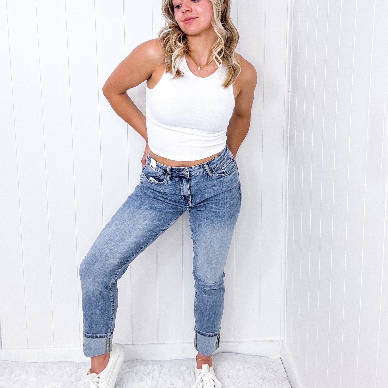 Judy Blue Kali Cuffed High Waist Vintage Wash Boyfriend Jeans - Boujee Boutique