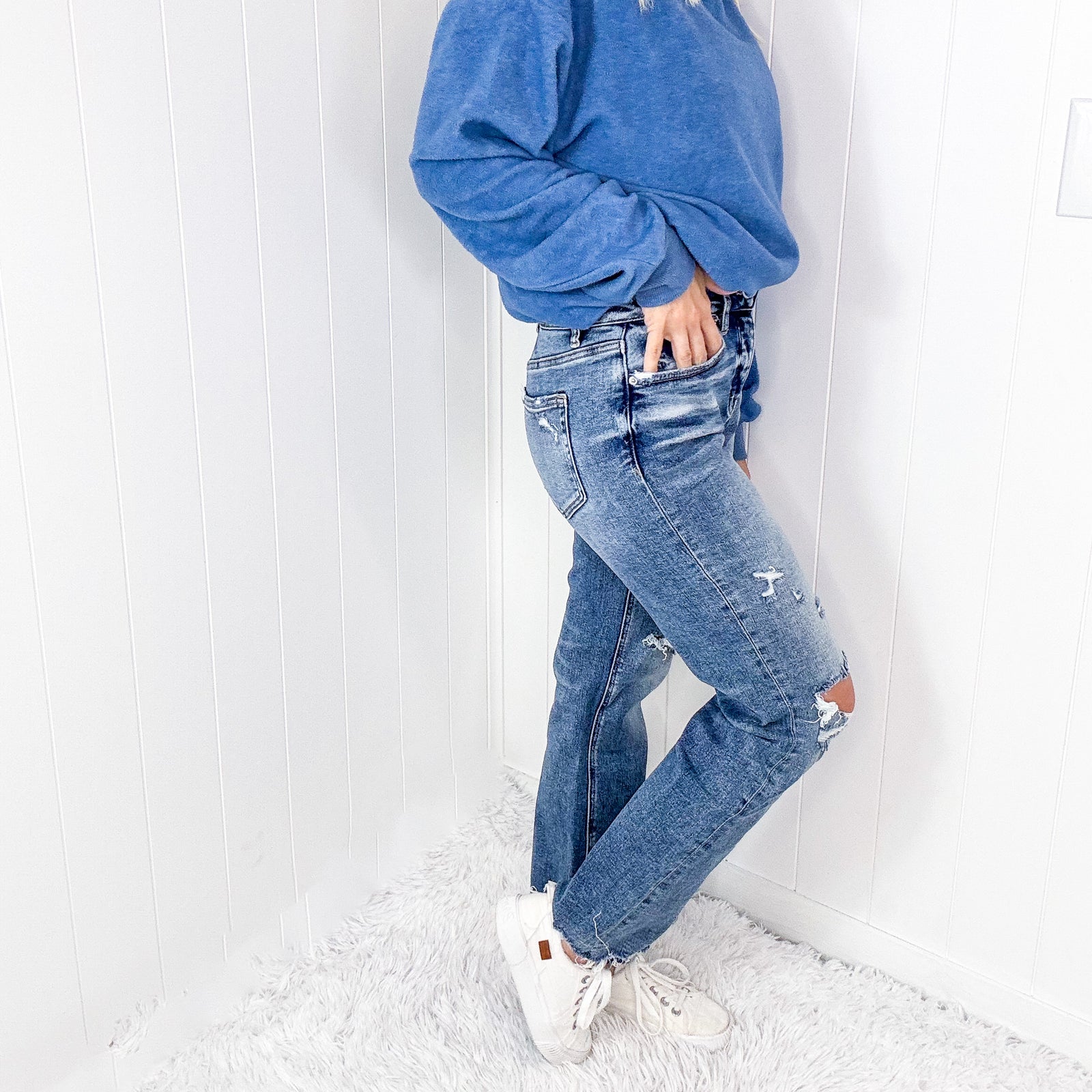 Mica Denim Button Up High Rise Straight Leg Distressed Jeans In Medium Blue - Boujee Boutique