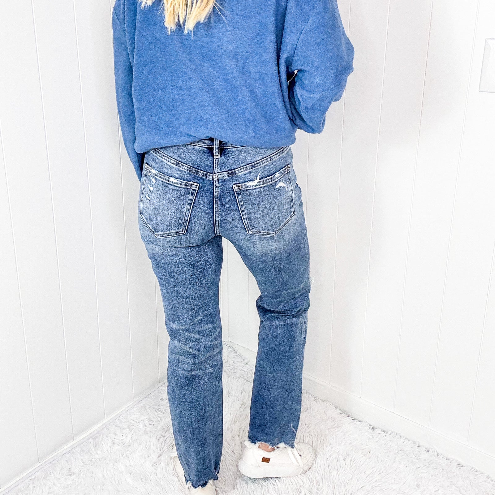 Mica Denim Button Up High Rise Straight Leg Distressed Jeans In Medium Blue - Boujee Boutique