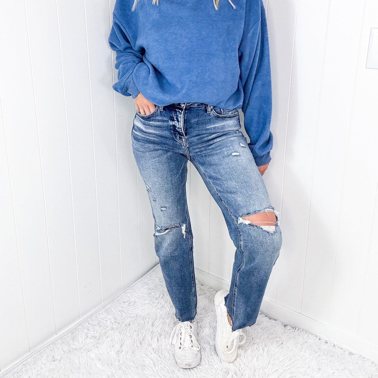 Mica Denim Button Up High Rise Straight Leg Distressed Jeans In Medium Blue - Boujee Boutique