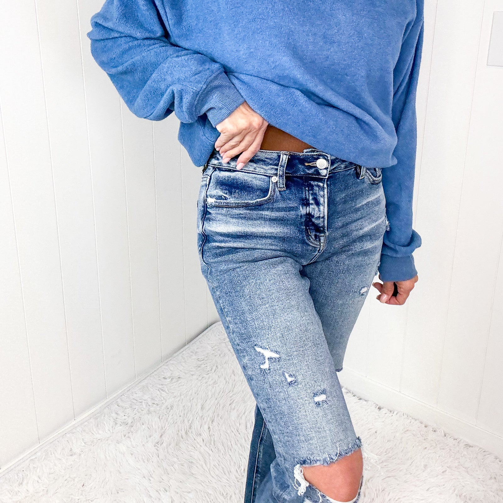 Mica Denim Button Up High Rise Straight Leg Distressed Jeans In Medium Blue - Boujee Boutique