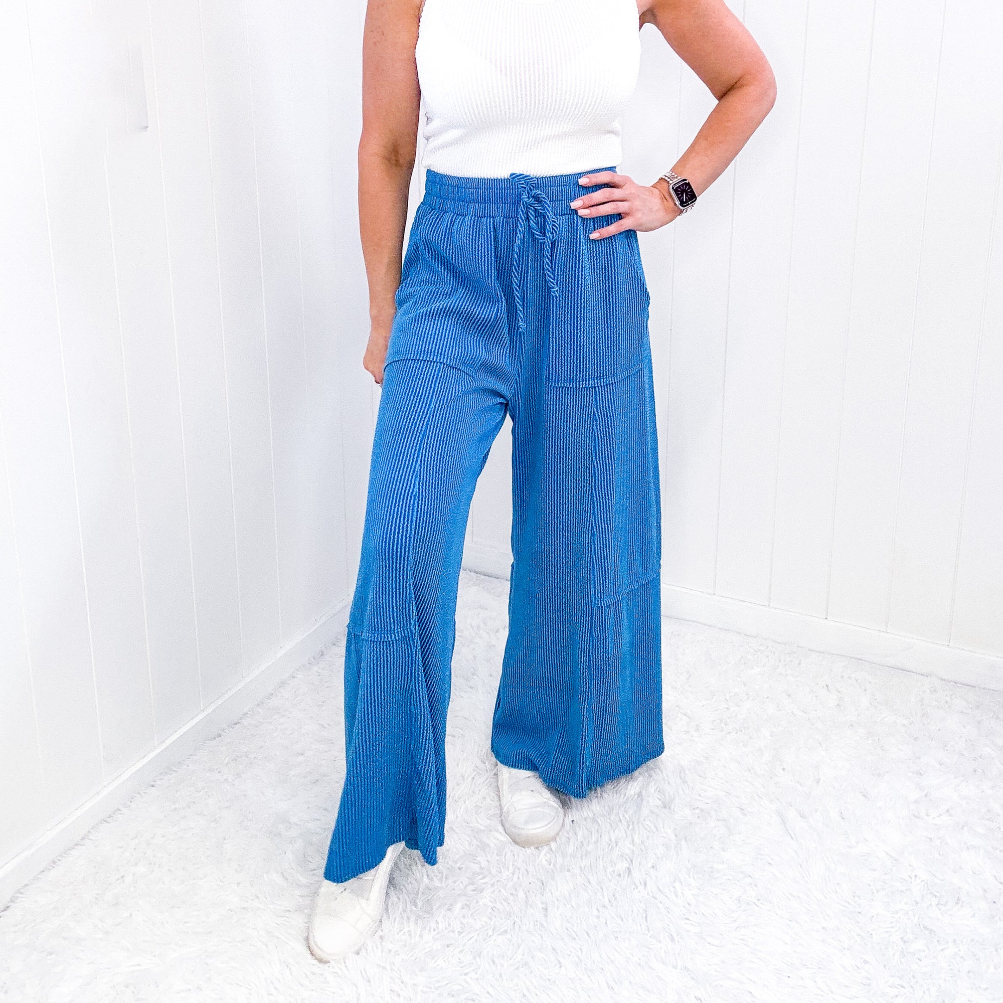 Spring Bloomin Relaxed Ribbed Pull On Wide Leg Pants Top in 2 Colors - Boujee Boutique 