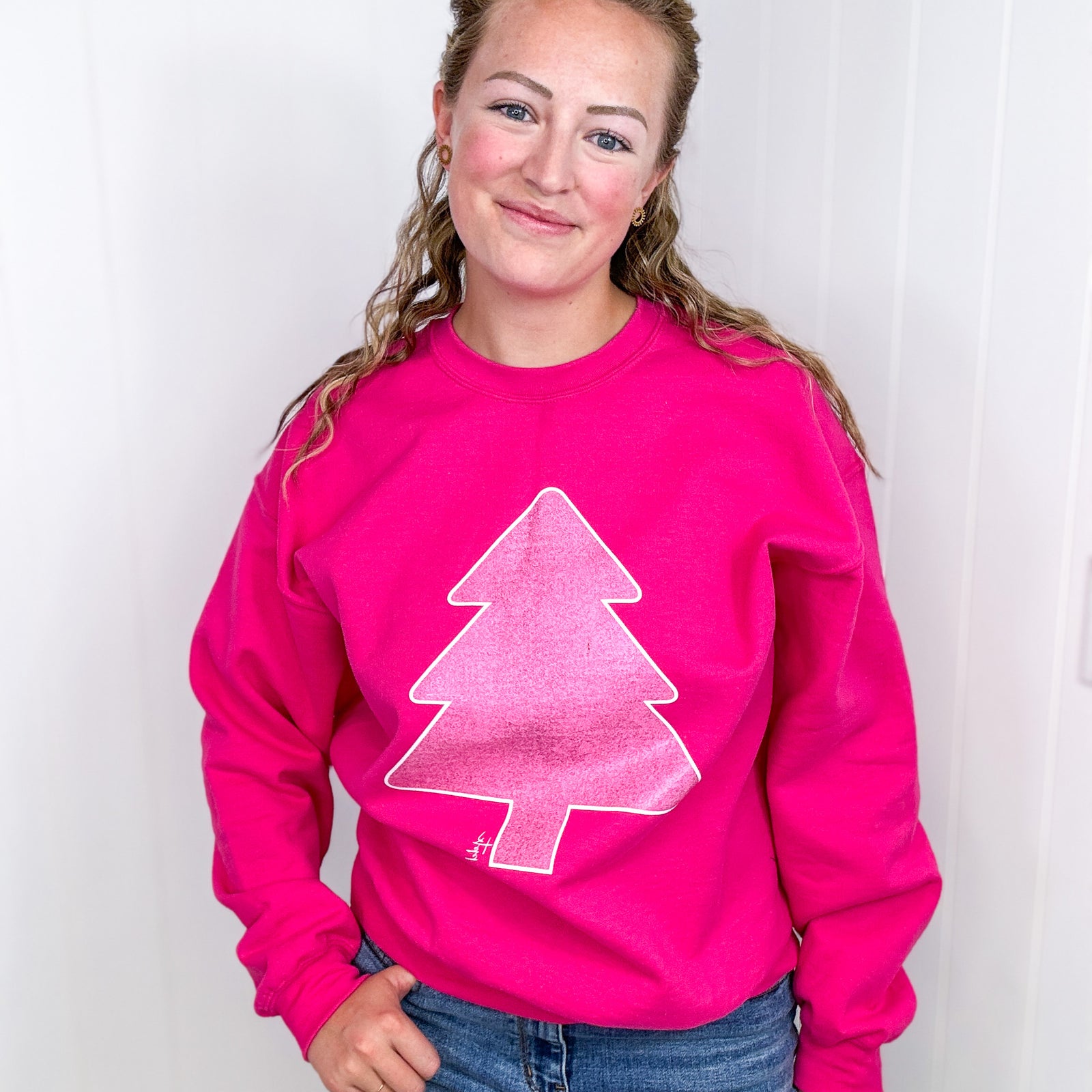 Hot Pink Glitter Christmas Tree Crewneck Fleece Sweatshirt