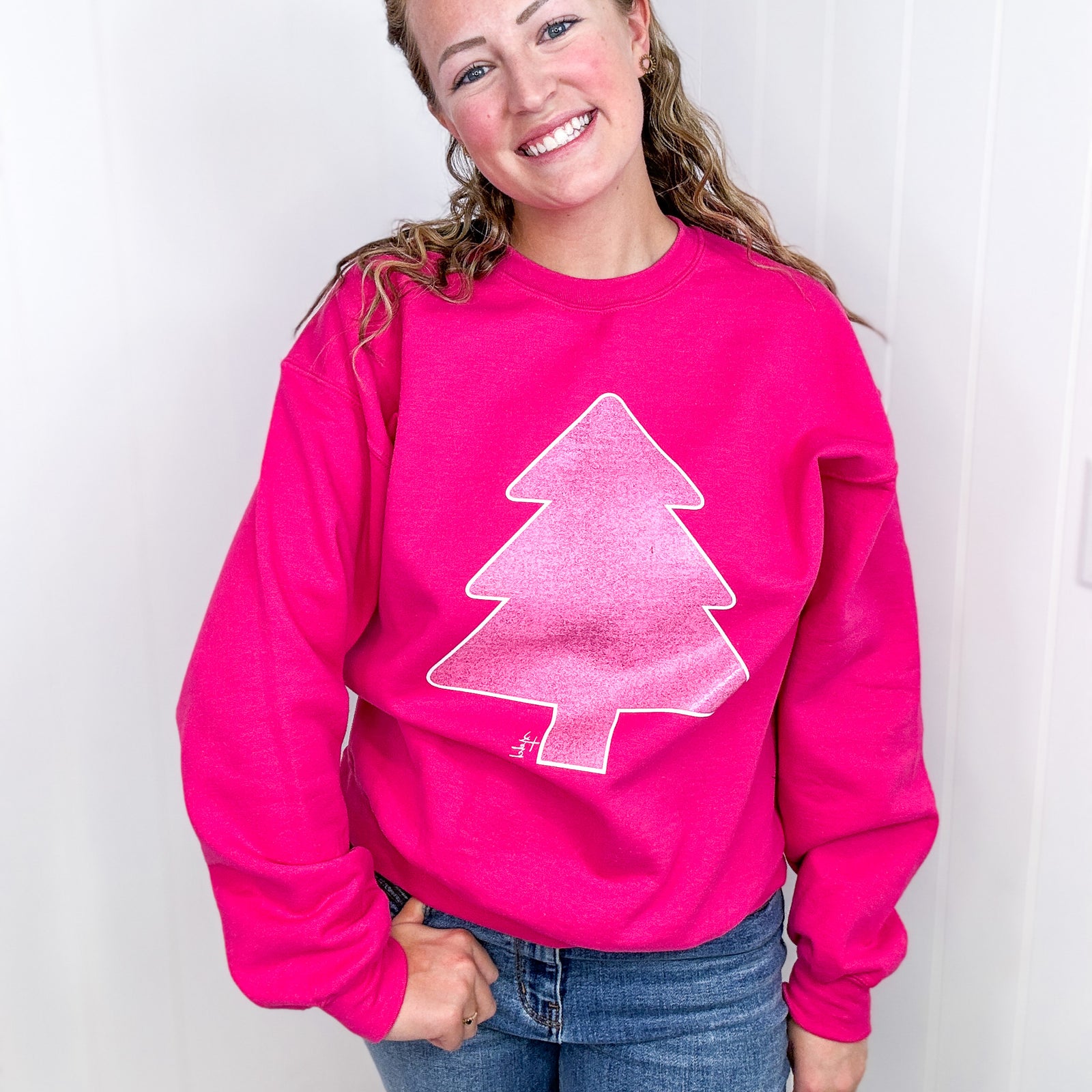 Hot Pink Glitter Christmas Tree Crewneck Fleece Sweatshirt