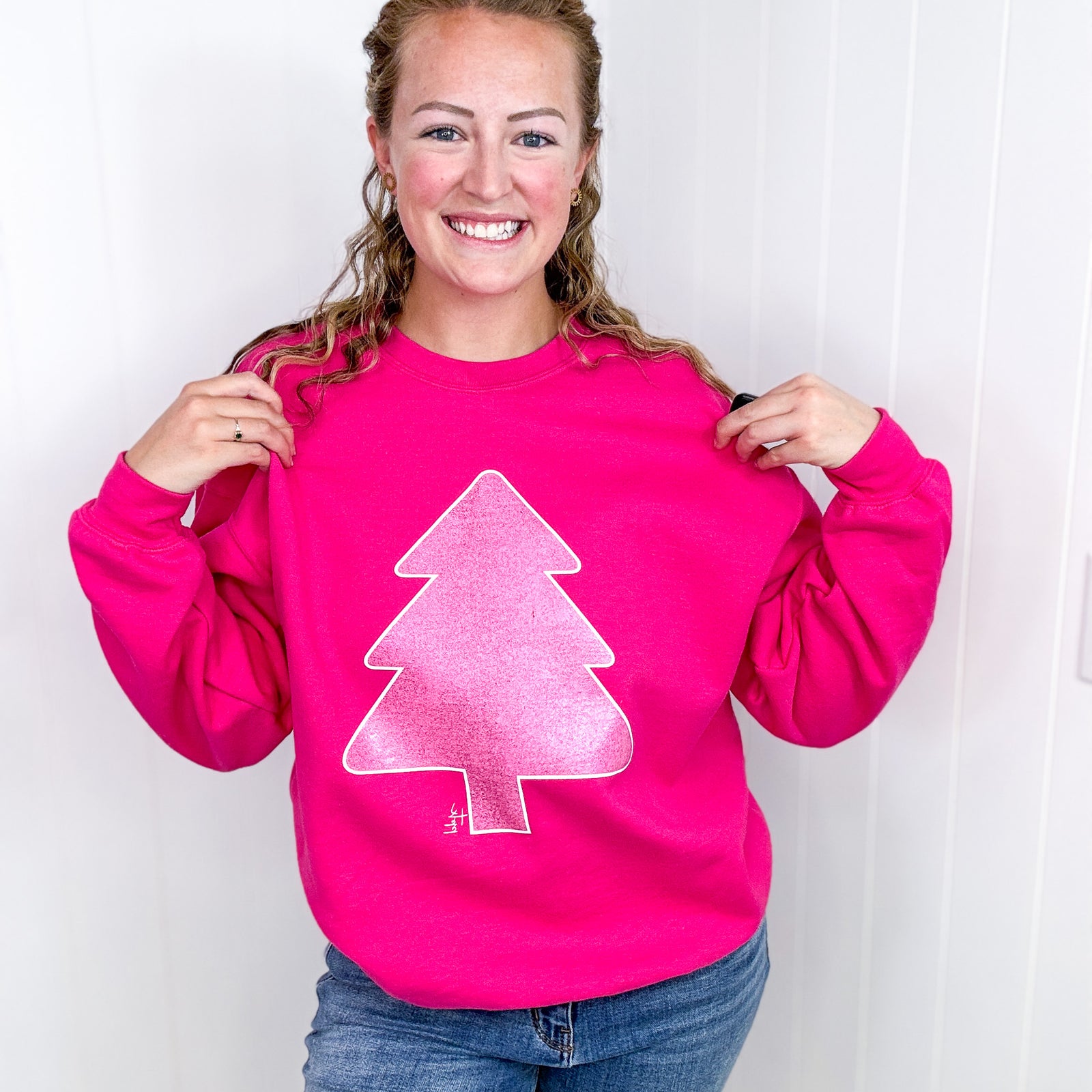 Hot Pink Glitter Christmas Tree Crewneck Fleece Sweatshirt