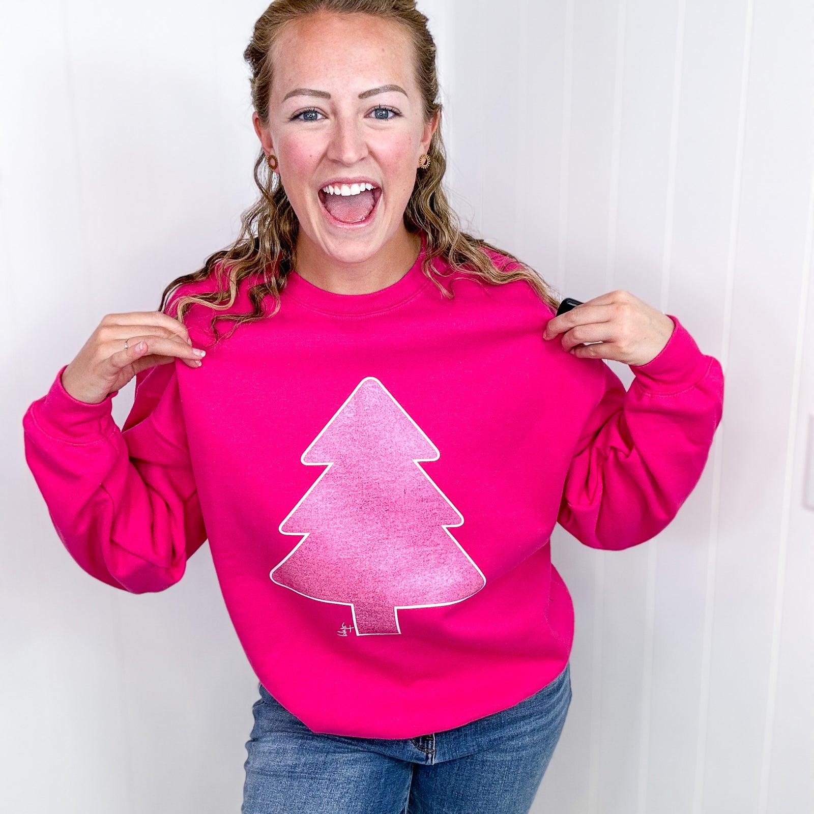 Hot Pink Glitter Christmas Tree Crewneck Fleece Sweatshirt