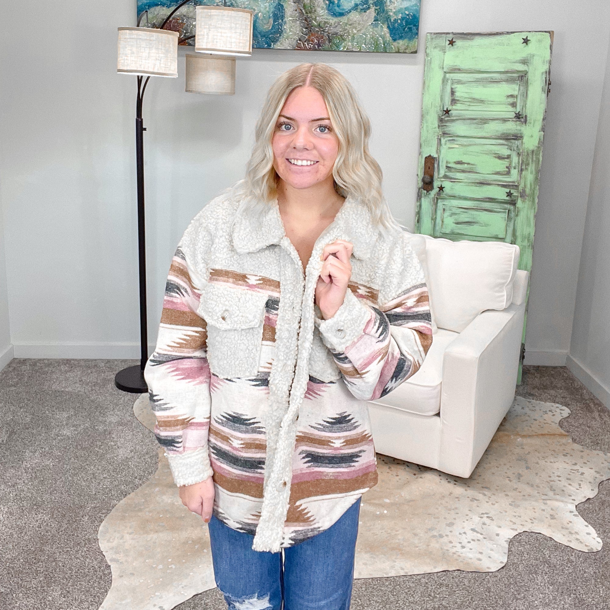 Pink and Cream Plaid Sherpa Button Up Jacket - Boujee Boutique 