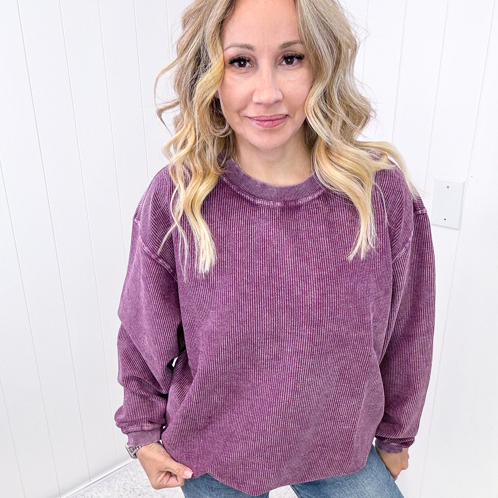 Luxe Corded Crewneck Pullover Sweater in Burnt Orange