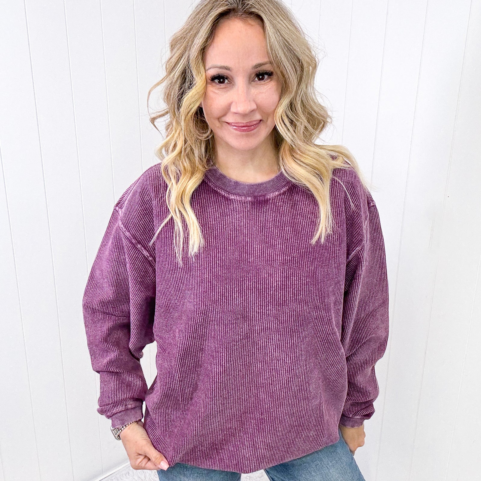 Luxe Corded Crewneck Pullover Sweater in Plum