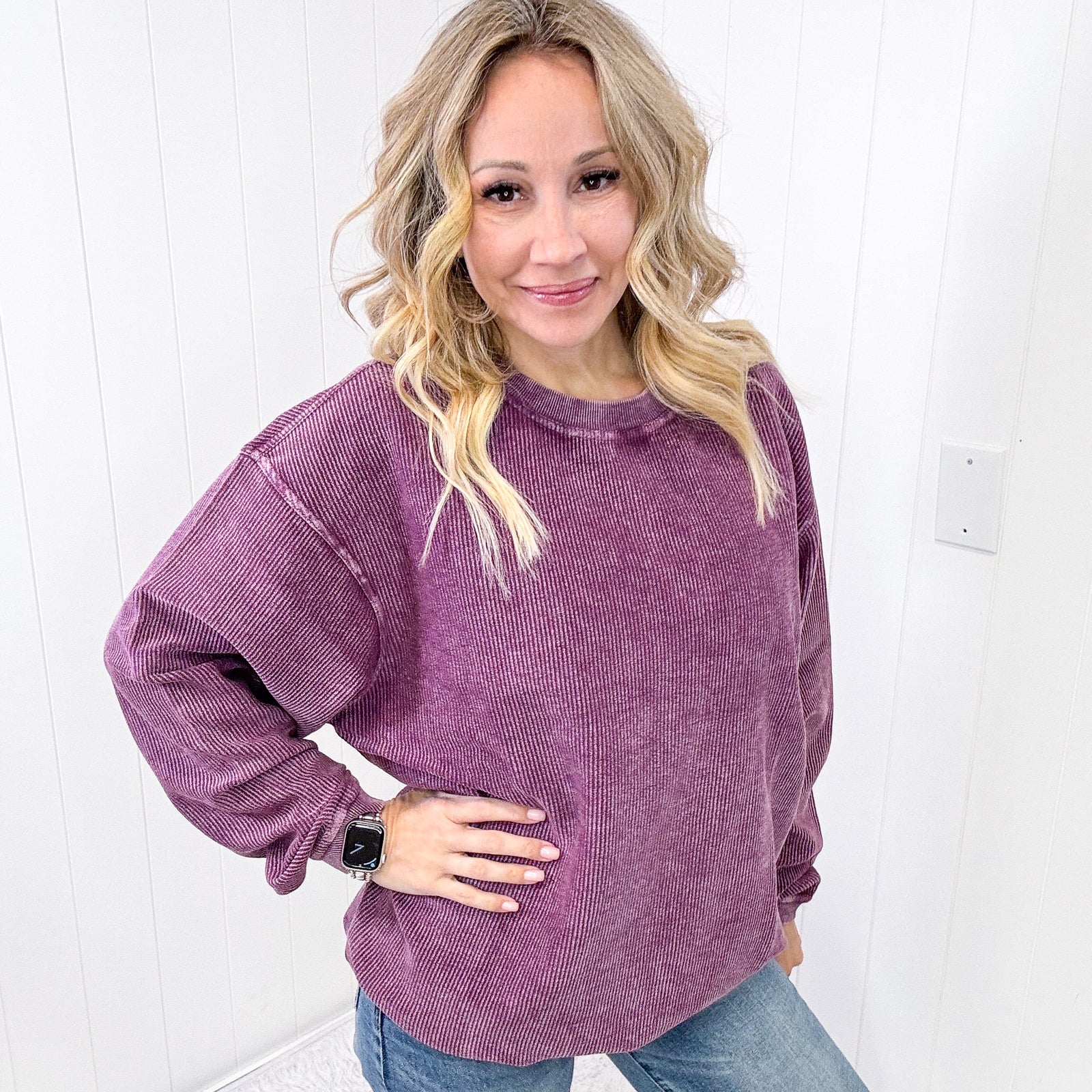 Luxe Corded Crewneck Pullover Sweater in Plum