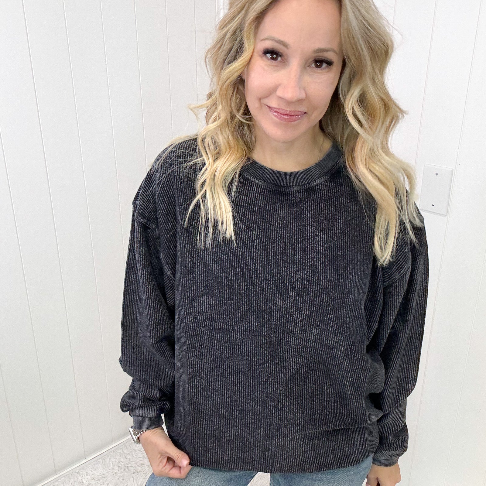 Luxe Corded Crewneck Pullover Sweater in Black