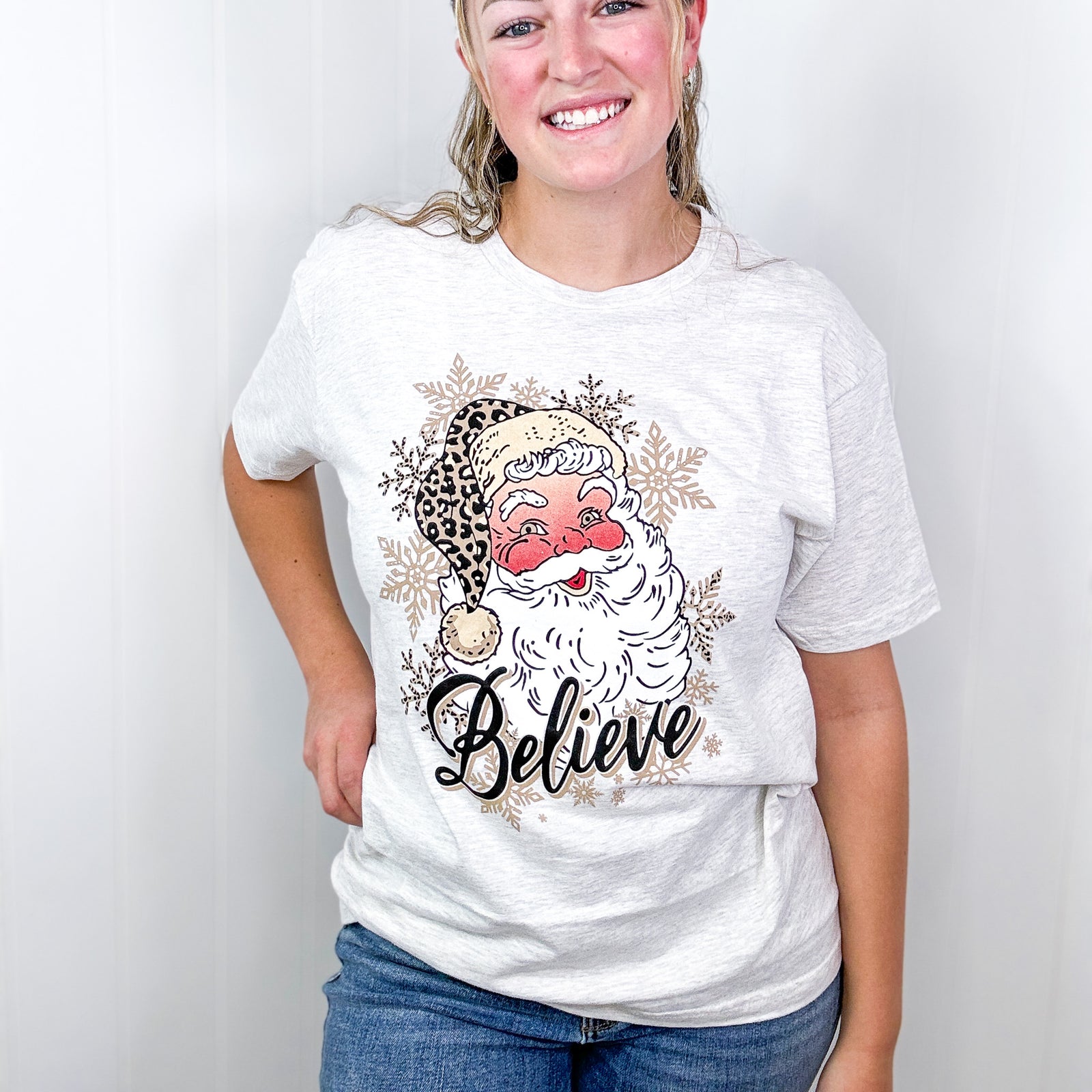 Believe Leopard Print Santa and Snowflake Graphic Tee