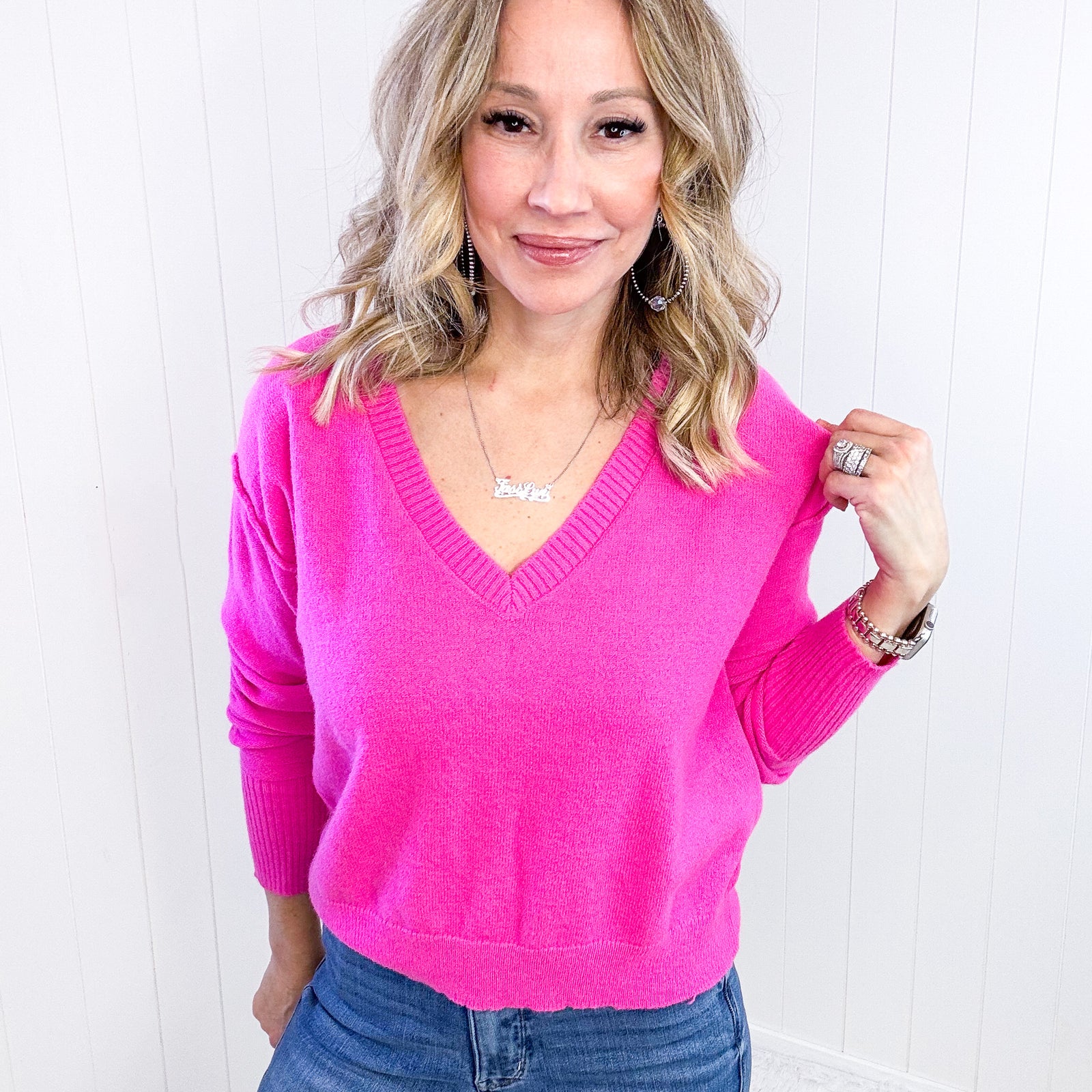 Hot Pink Back to Life V-Neck Sweater - Boujee Boutique 