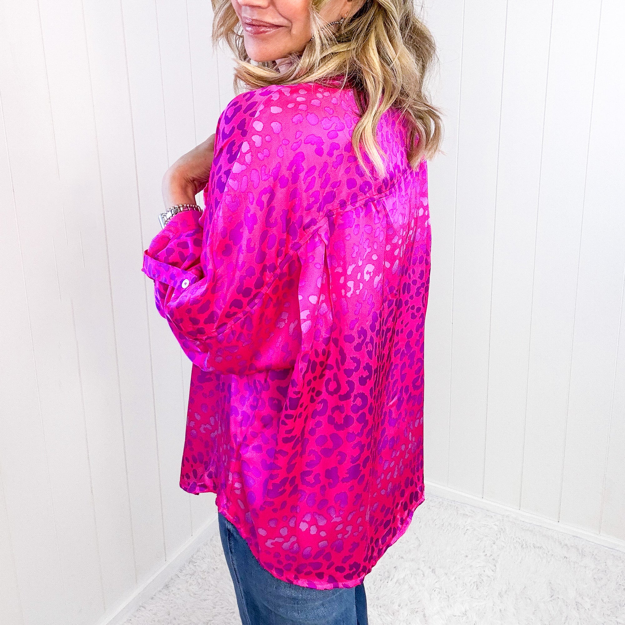 Metallic Pink Wild Print at Two Button Up Blouse - Boujee Boutique 