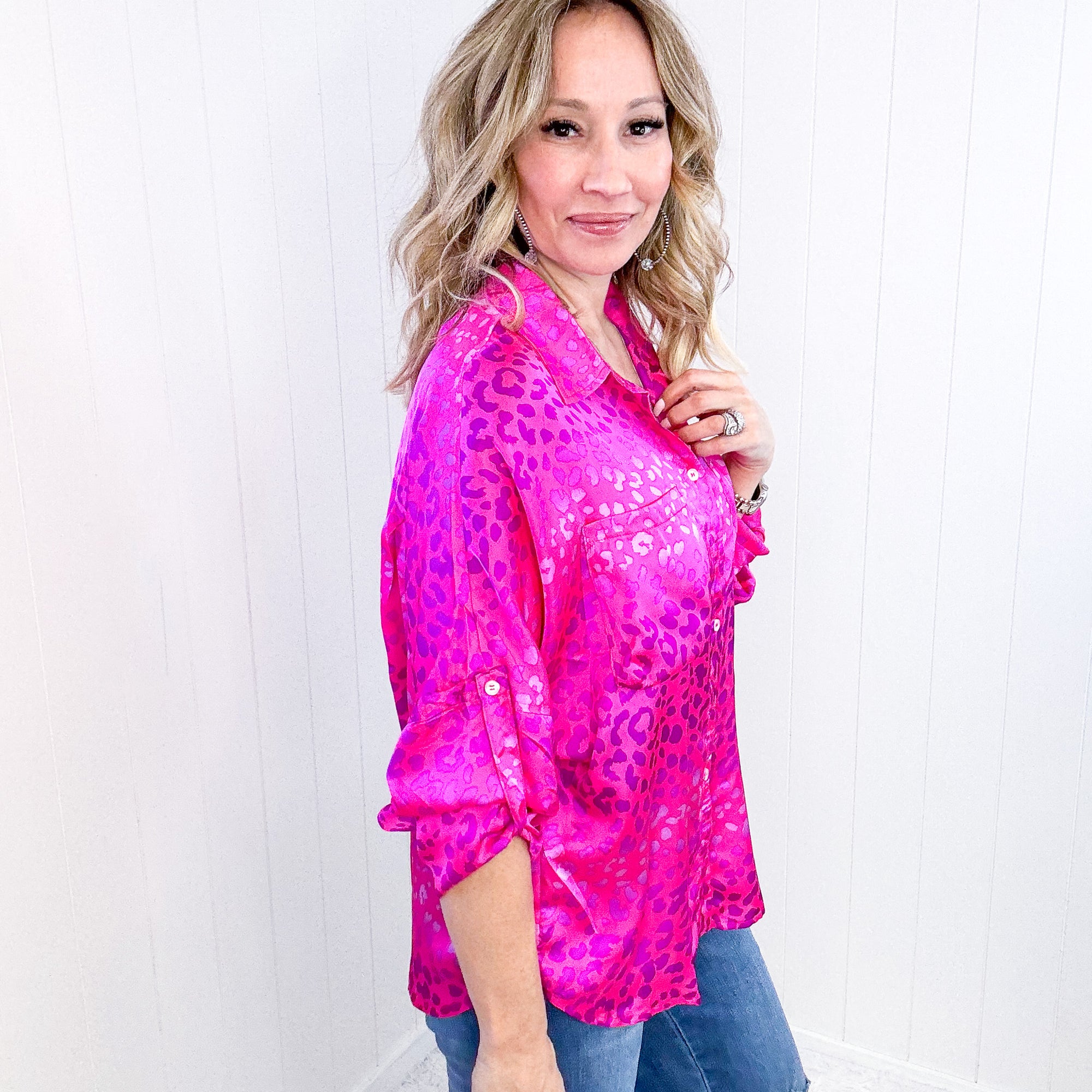 Metallic Pink Wild Print at Two Button Up Blouse - Boujee Boutique 