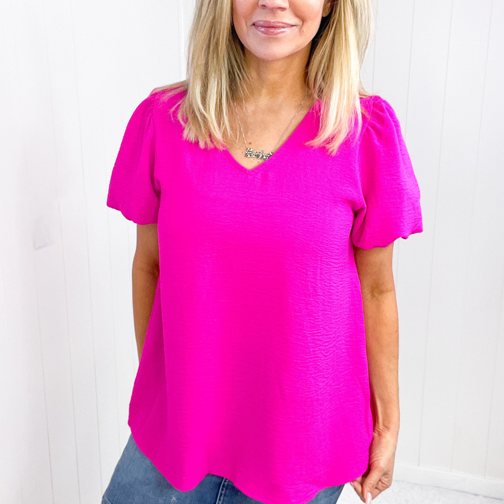 Hot Pink Belong Together Puff Sleeve Blouse - Boujee Boutique 