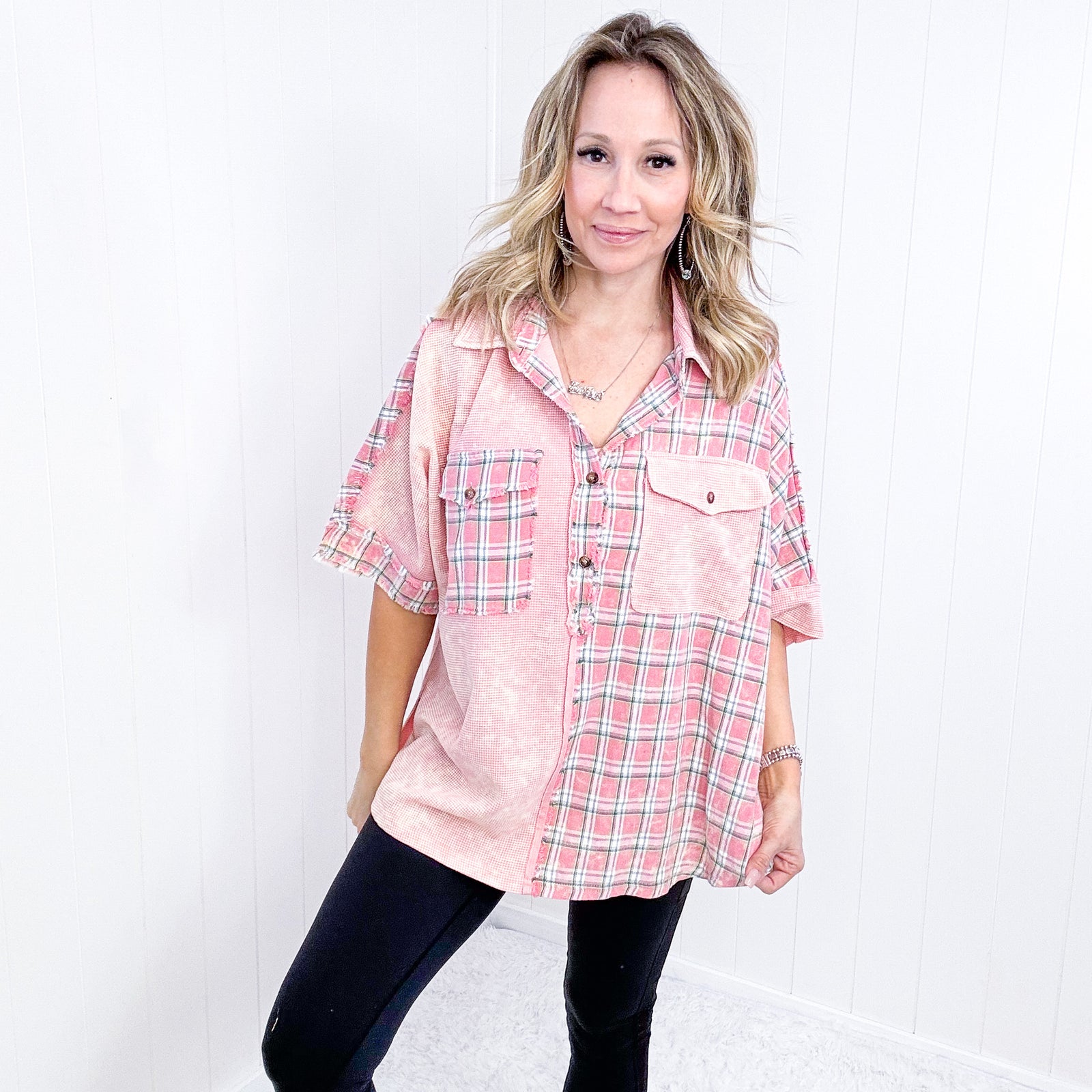 Pink Plaid and Waffle Knit Color Block Half Button Top