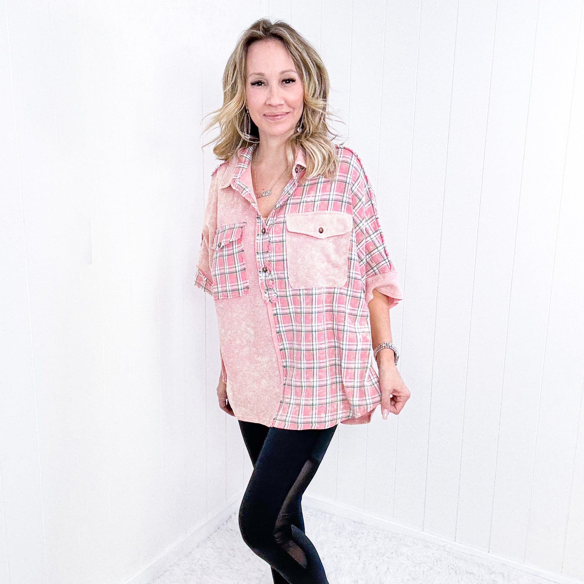 Pink Plaid and Waffle Knit Color Block Half Button Top - Boujee Boutique 
