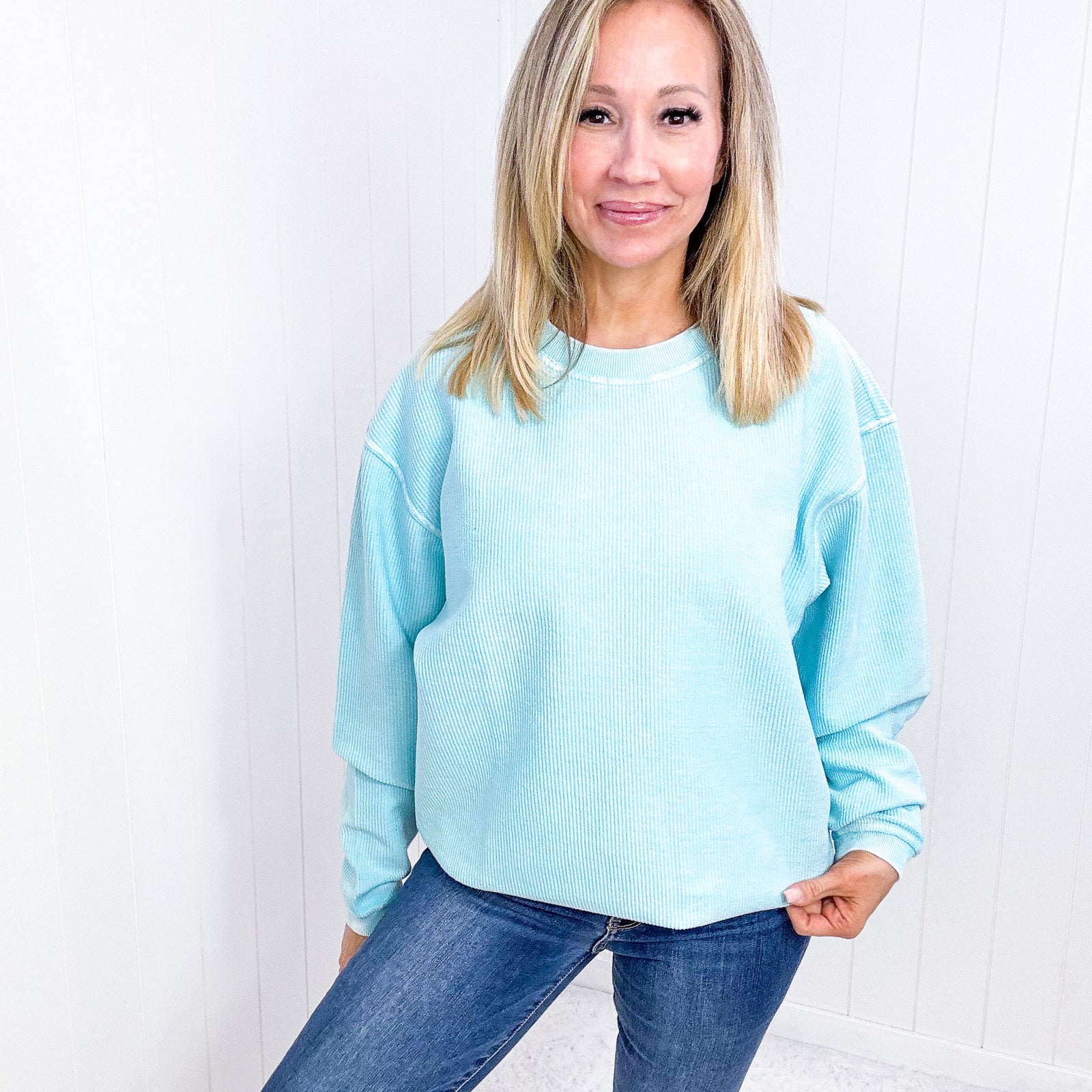 Snow Washed Aqua Oversized Luxe Soft Corded Crewneck Pullover Top - Boujee Boutique