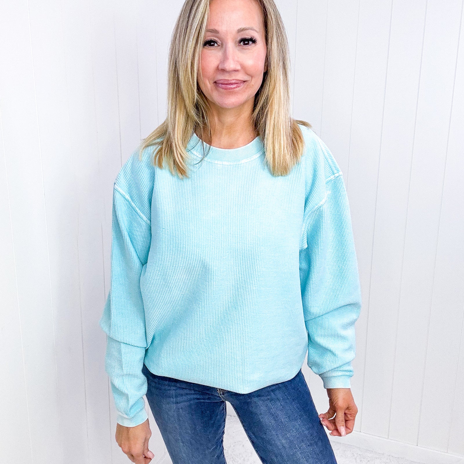 Snow Washed Aqua Oversized Luxe Soft Corded Crewneck Pullover Top - Boujee Boutique