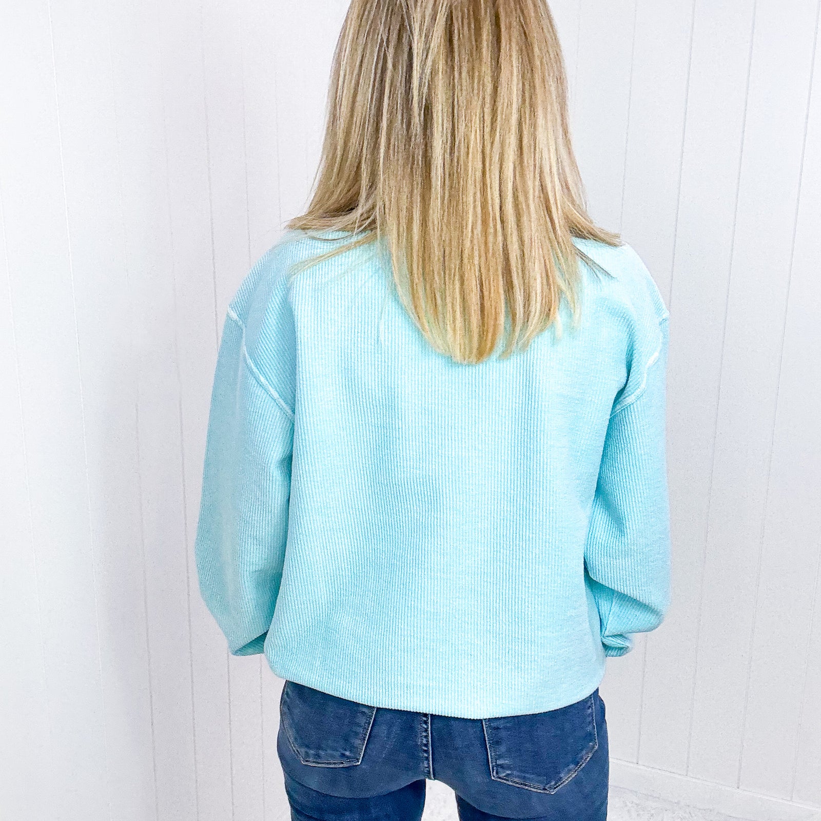 Snow Washed Aqua Oversized Luxe Soft Corded Crewneck Pullover Top - Boujee Boutique