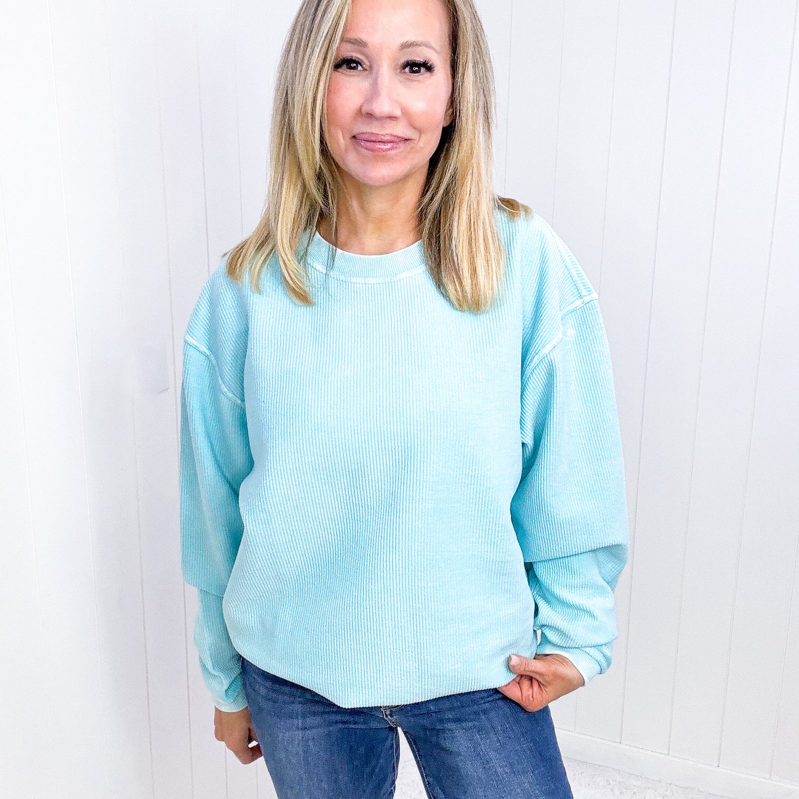 Snow Washed Aqua Oversized Luxe Soft Corded Crewneck Pullover Top - Boujee Boutique