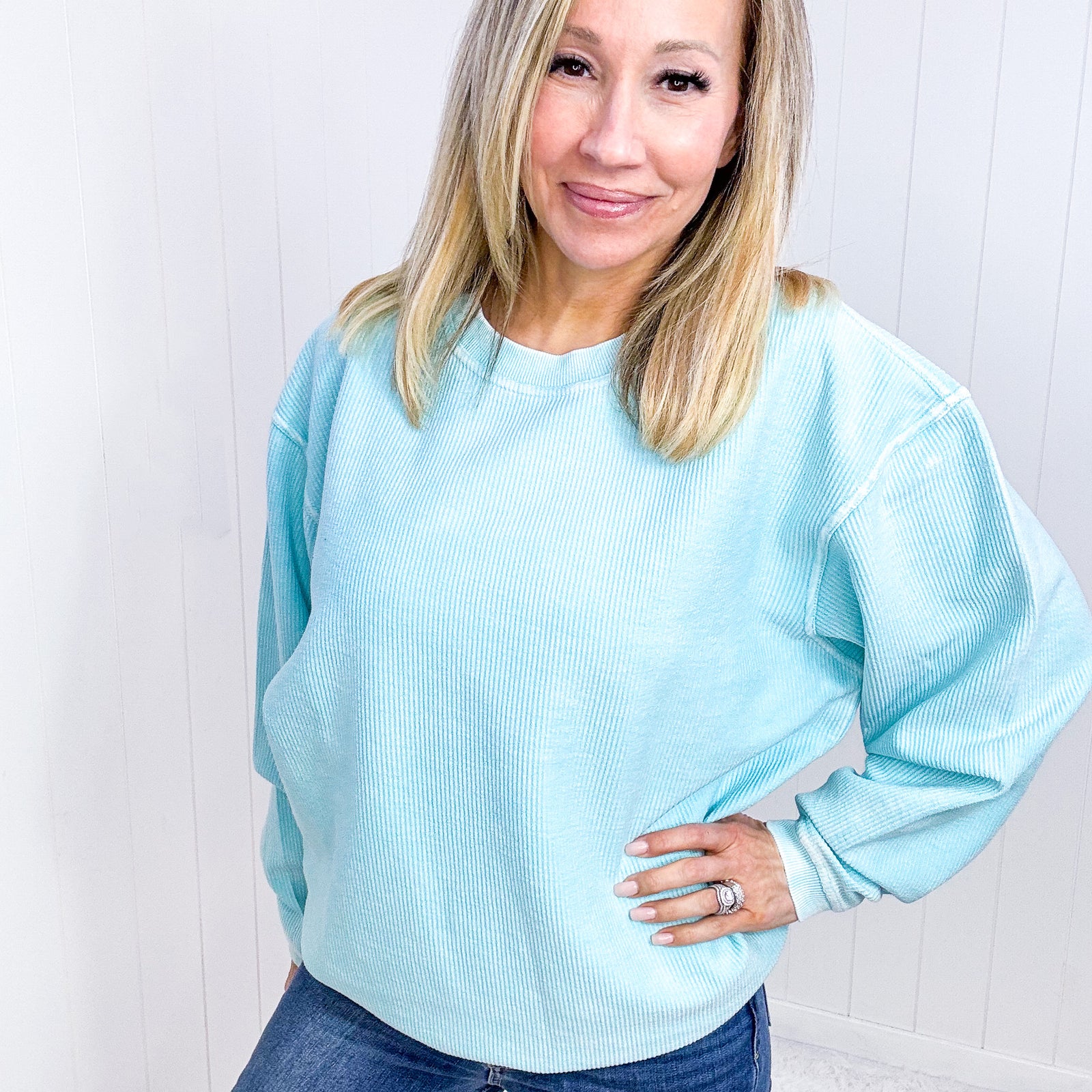 Snow Washed Aqua Oversized Luxe Soft Corded Crewneck Pullover Top - Boujee Boutique