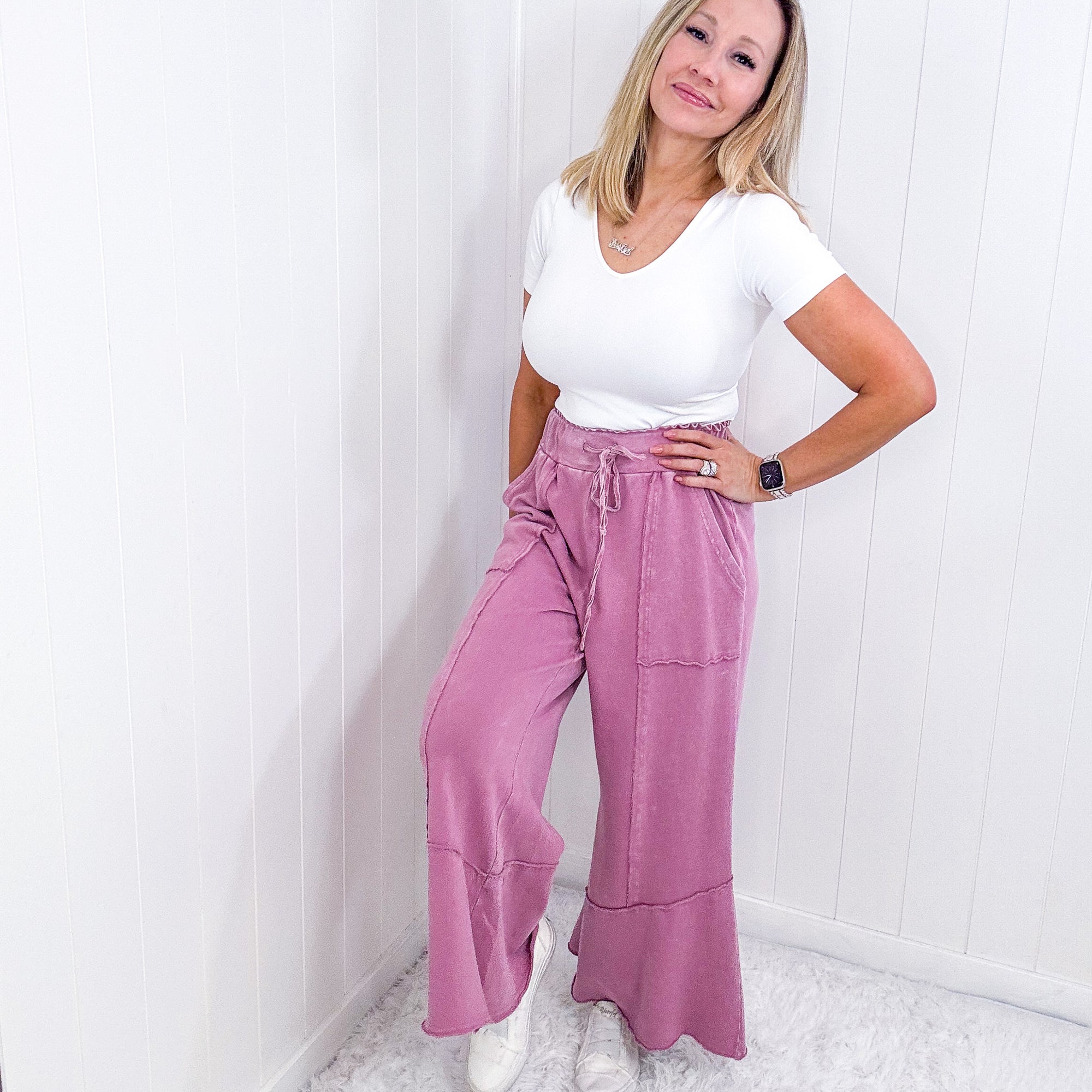 Going Easy on the Weekend Terry Knit Super Wide Leg Pull On Pants in 7 Colors - Boujee Boutique 