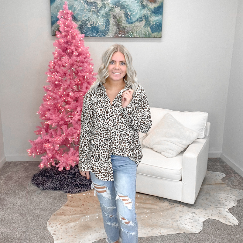 Leopard Print Santa Patch Long Sleeve Button Up Top - Boujee Boutique 