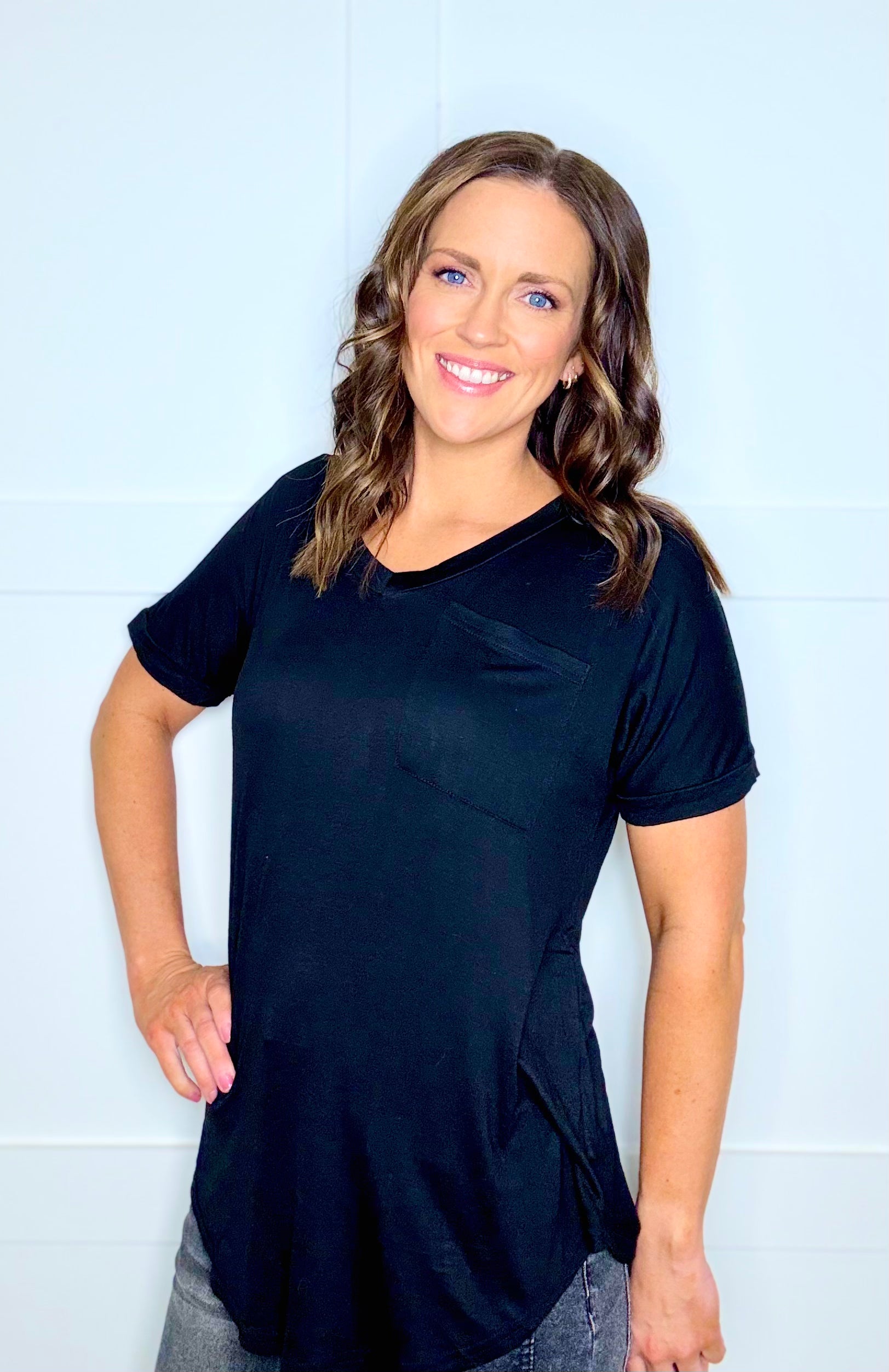 Basics Celeste Creamy Soft Pocket Round Hem V Neckline Short Sleeve Top in 6 Colors