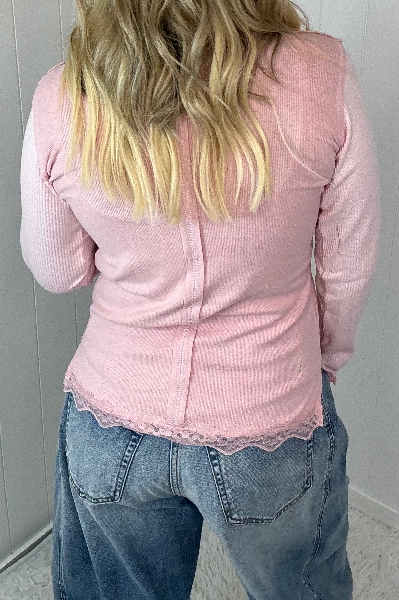 Pol Fall in Love Lace Trim Soft Hacci Ribbed Long Sleeve Top