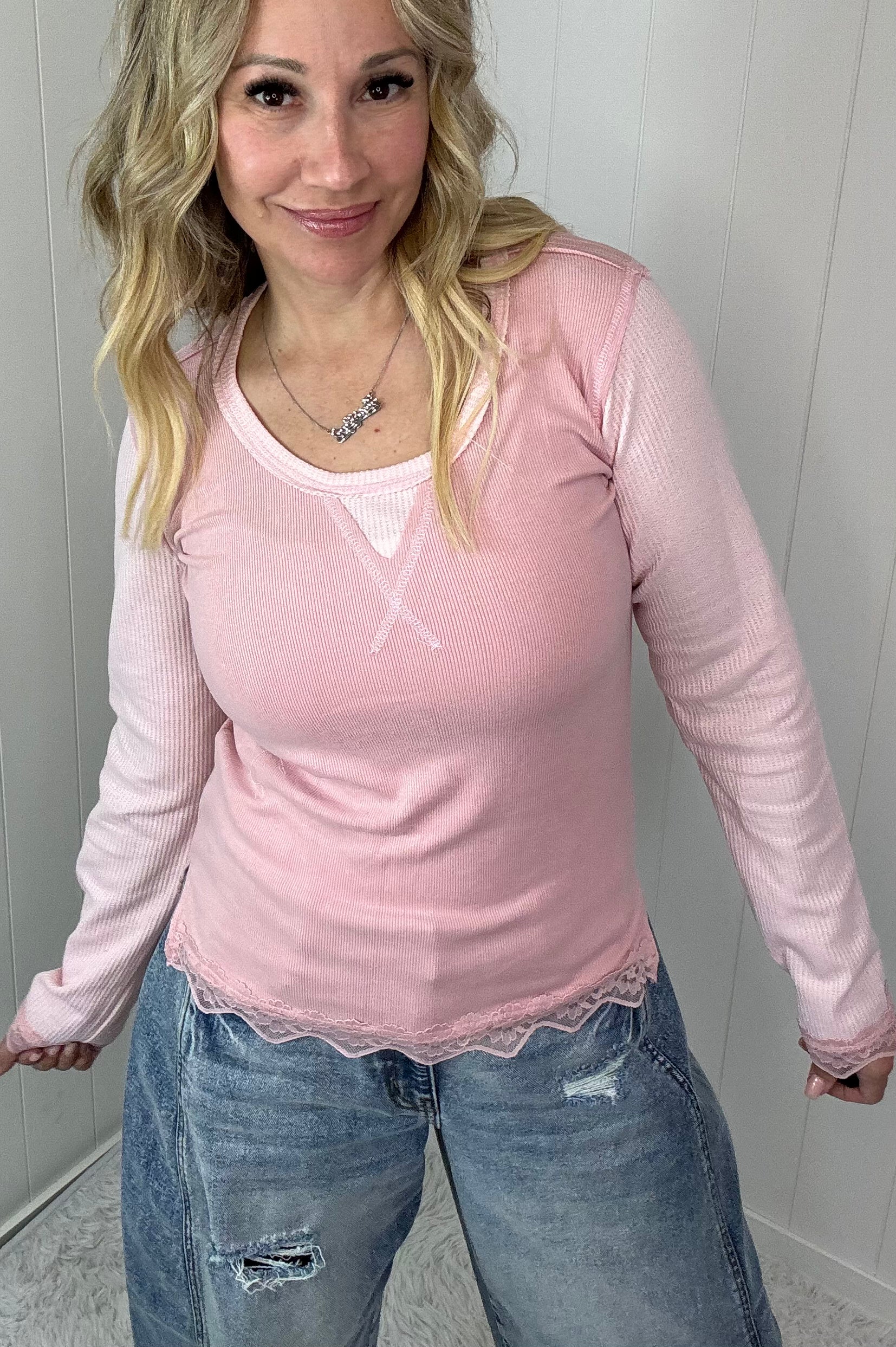 Pol Fall in Love Lace Trim Soft Hacci Ribbed Long Sleeve Top