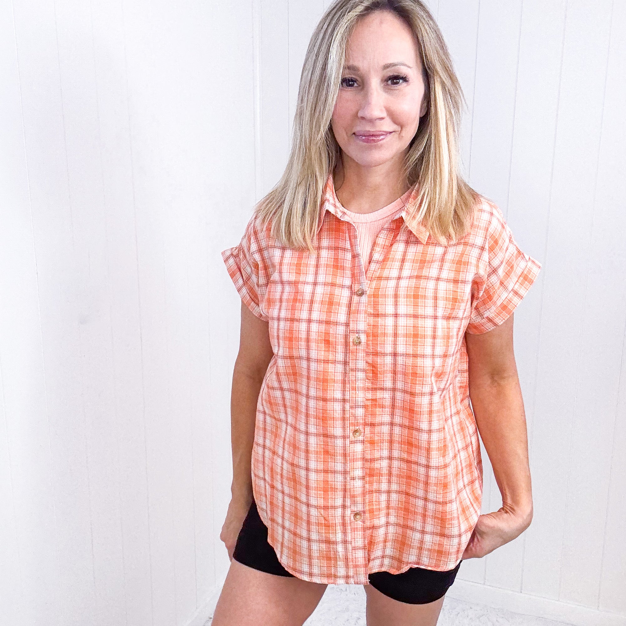 Peach Plaid Button Up Short Sleeve Collared Shirt - Boujee Boutique 