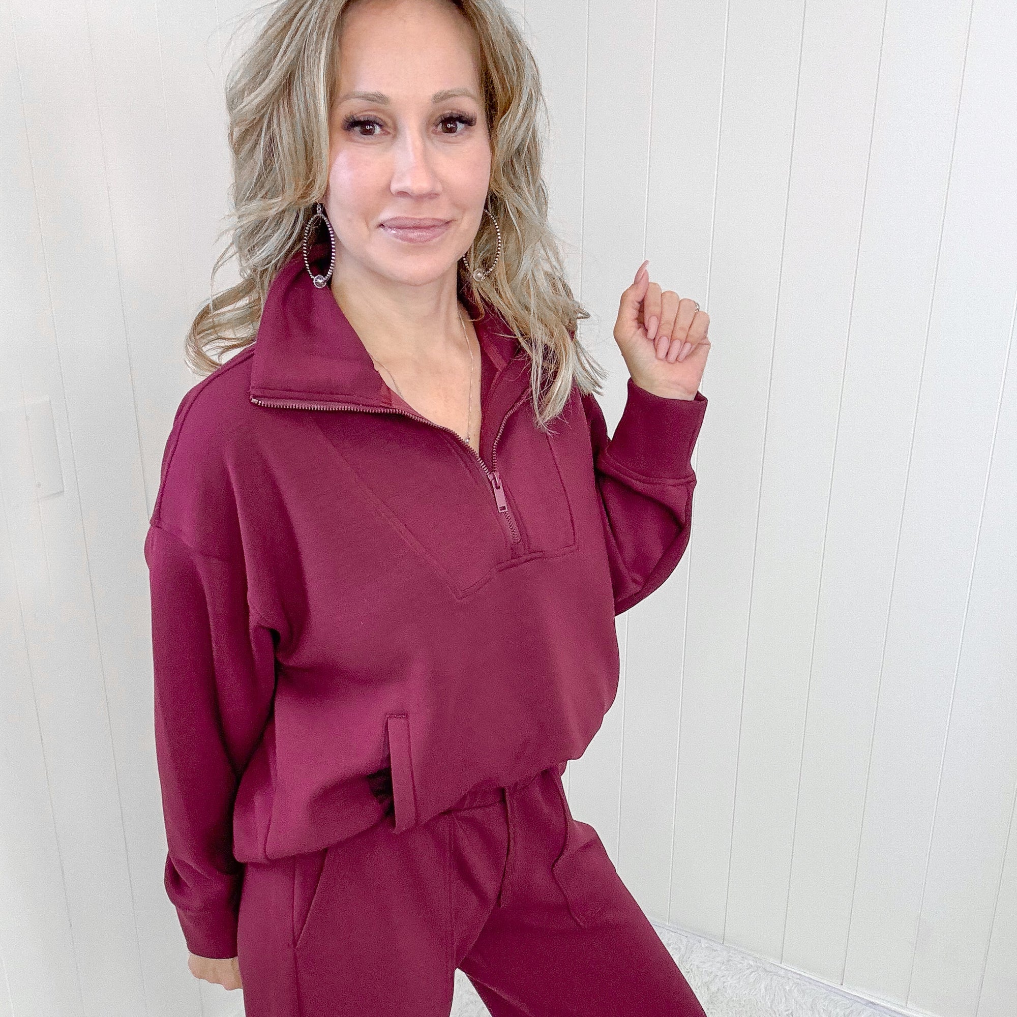 Burgundy Micro Modal Knit Handle Half Zip Pullover Top - Boujee Boutique 