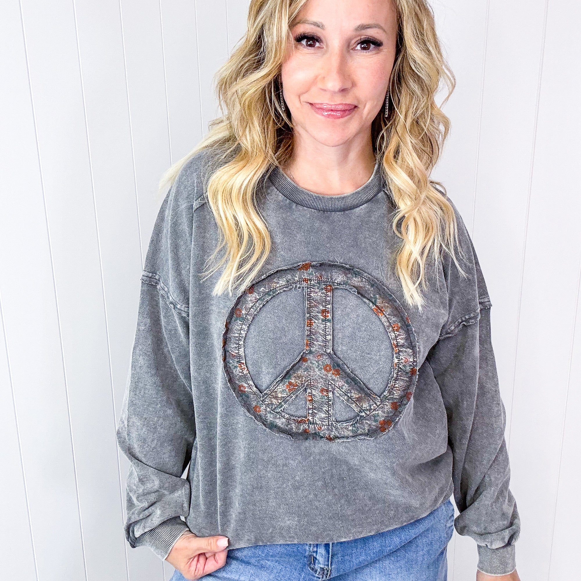 Making Peace Patch Long Sleeve Mineral Washed Knit Pullover in 2 Colors - Boujee Boutique 