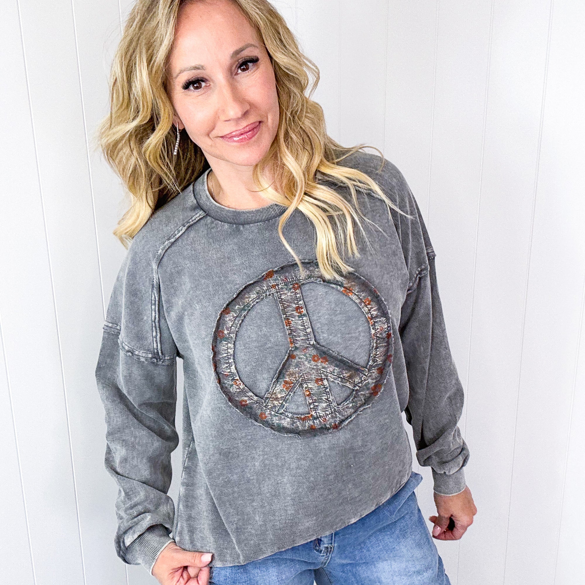 Making Peace Patch Long Sleeve Mineral Washed Knit Pullover in 2 Colors - Boujee Boutique 