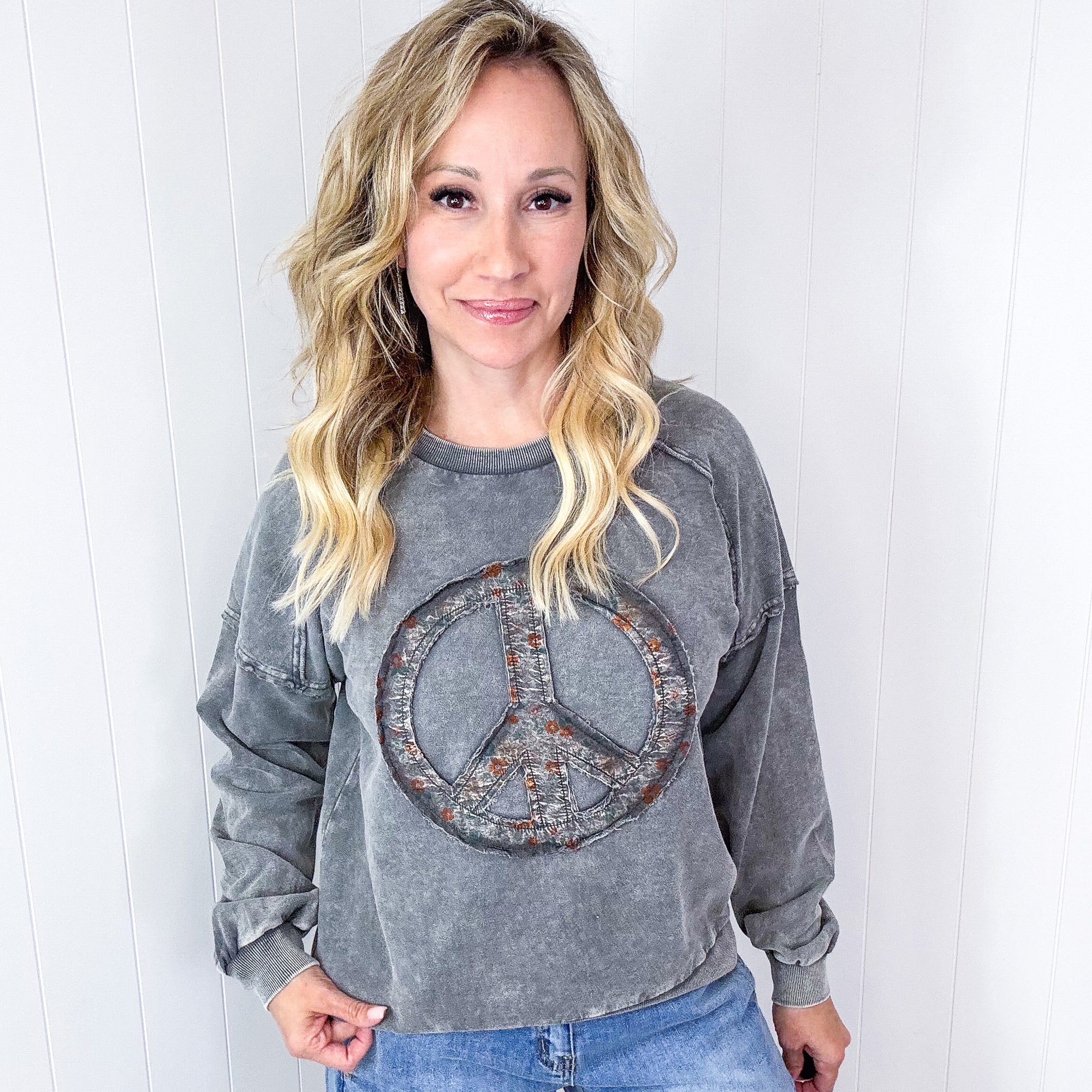 Making Peace Patch Long Sleeve Mineral Washed Knit Pullover in 2 Colors - Boujee Boutique 