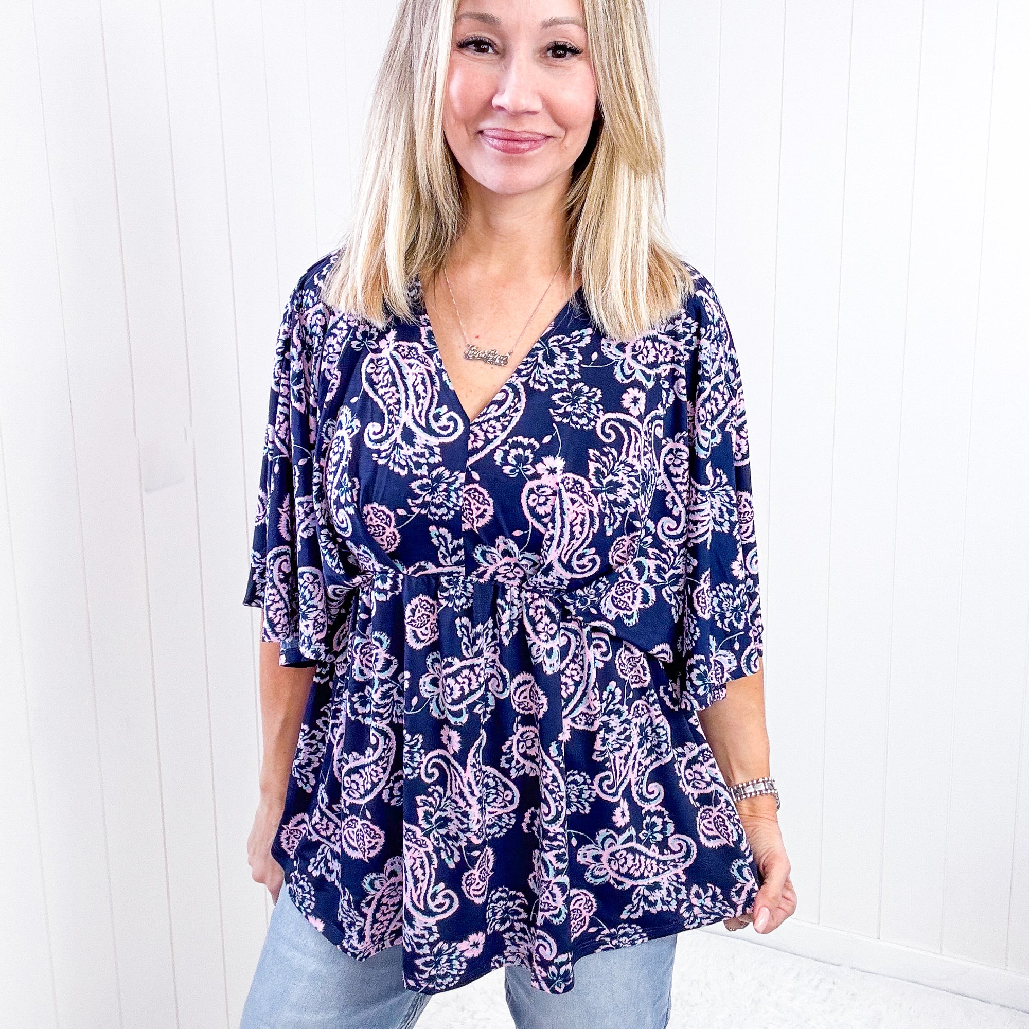 Dear Scarlett Dreamer Peplum Top in Navy and Pink Paisley - Boujee Boutique 