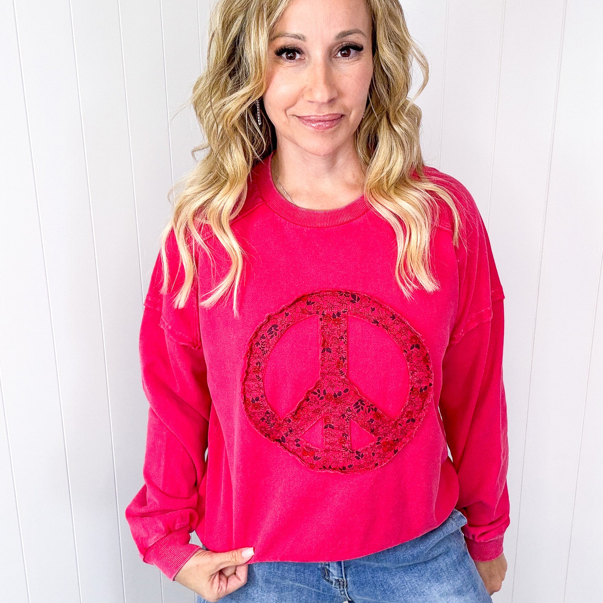 Making Peace Patch Long Sleeve Mineral Washed Knit Pullover in 2 Colors - Boujee Boutique 
