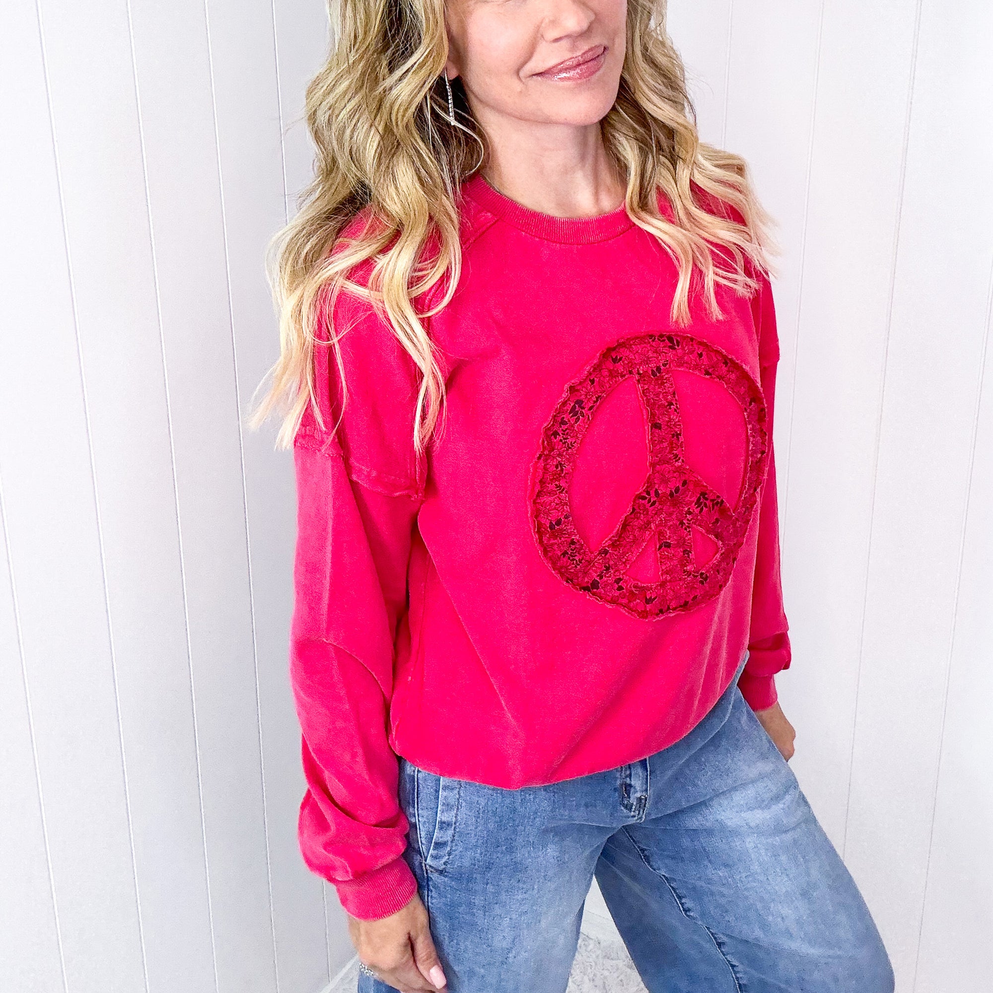 Making Peace Patch Long Sleeve Mineral Washed Knit Pullover in 2 Colors - Boujee Boutique 