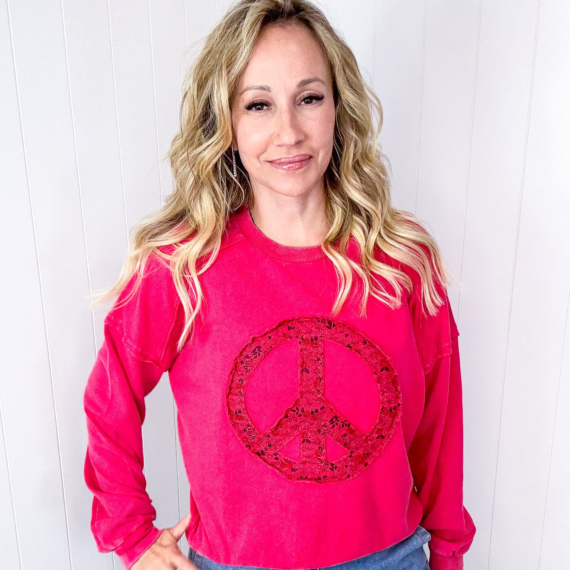 Making Peace Patch Long Sleeve Mineral Washed Knit Pullover in 2 Colors - Boujee Boutique 