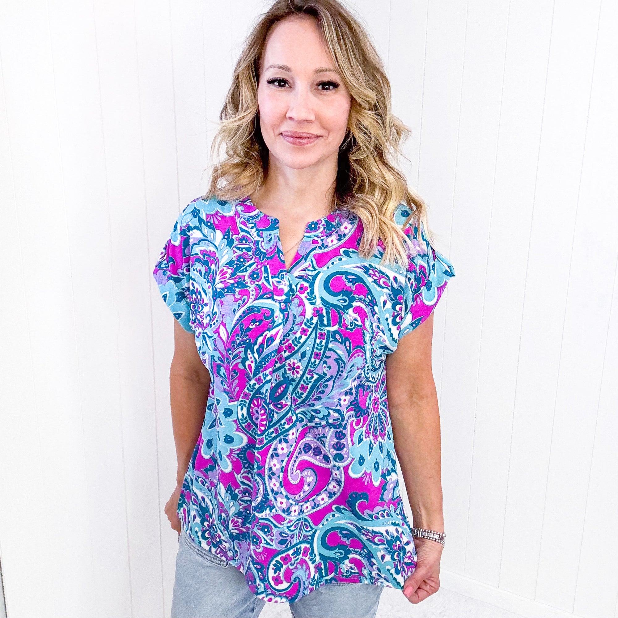 Dear Scarlett Lizzy Cap Sleeve Top in Magenta and Teal Paisley - Boujee Boutique 