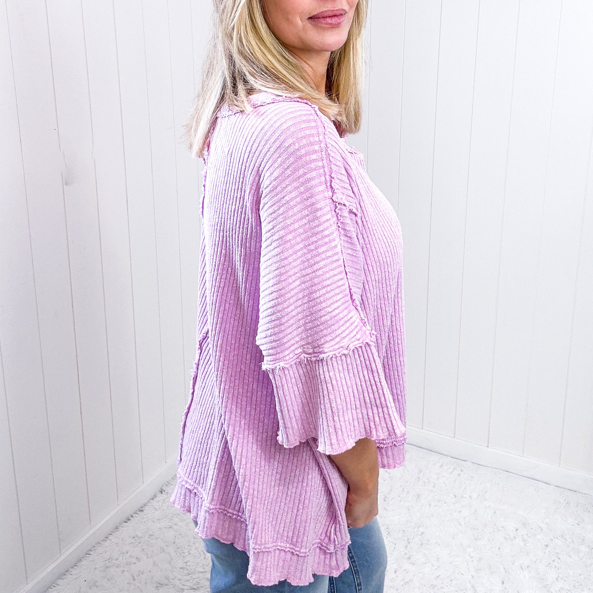 Easel Lilac Pink Oversized Boxy Wide Ribbed Short Sleeve Top - Boujee Boutique 